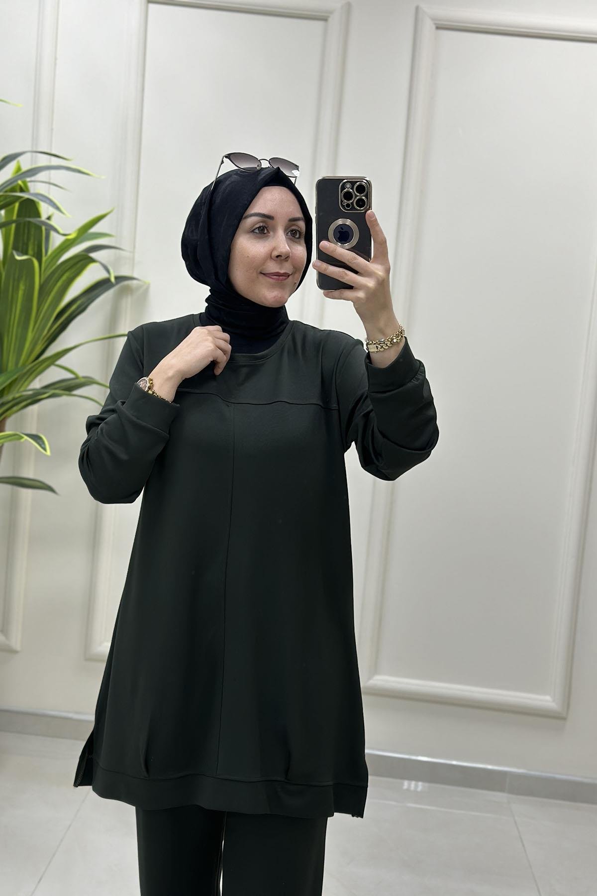 Tesettür Pantolonlu TakımÖnü Nervürlü Tunik ve Pantolon Kadın Oysho İkili Takım Haki MP 2660