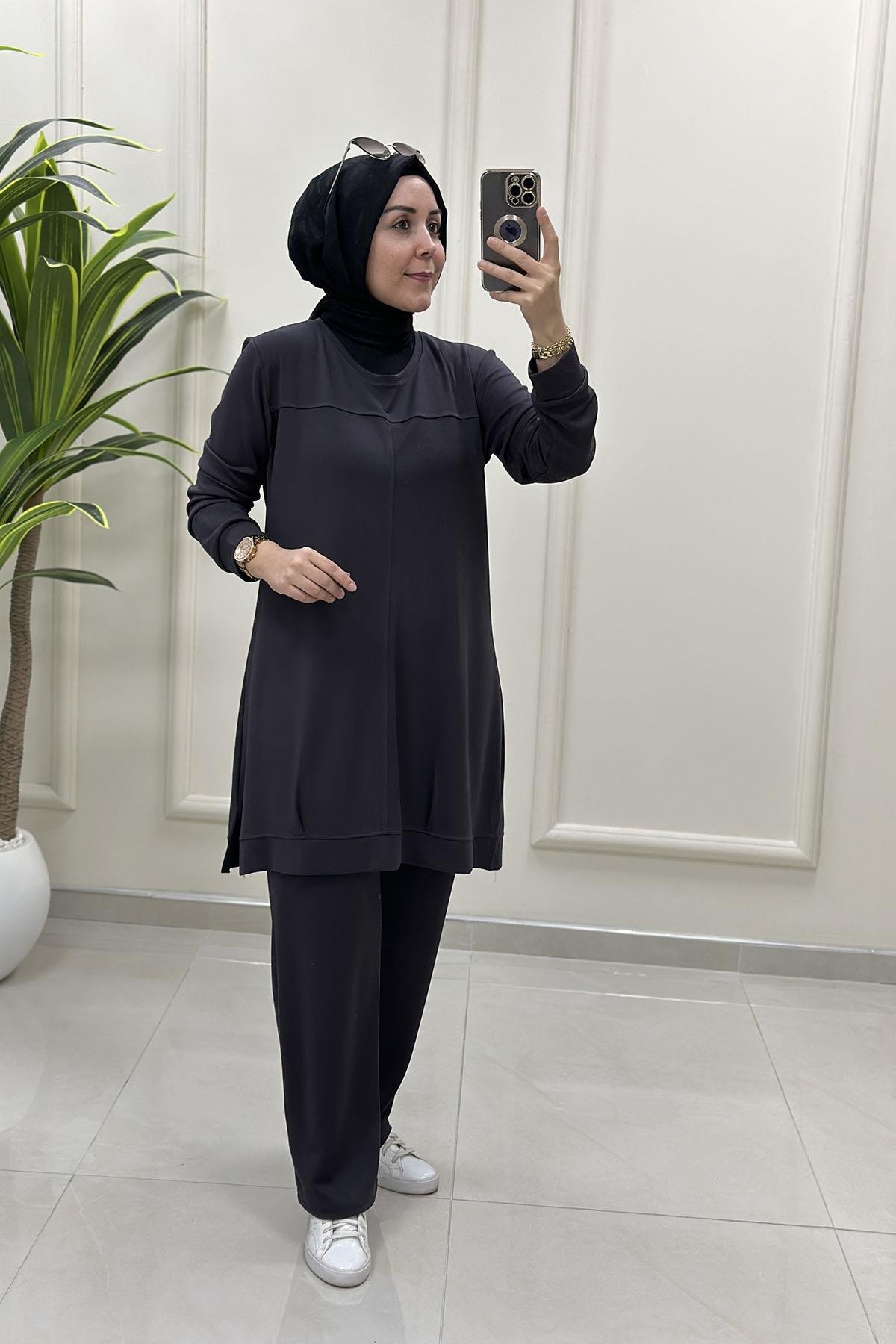 Tesettür Pantolonlu TakımÖnü Nervürlü Tunik ve Pantolon Kadın Oysho İkili Takım Antrasit MP 2660