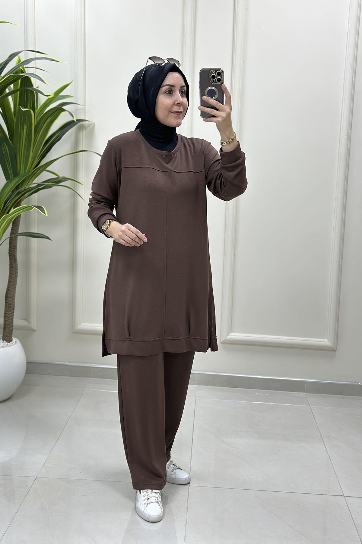 Tesettür Pantolonlu TakımÖnü Nervürlü Tunik ve Pantolon Kadın Oysho İkili Takım Kahverengi MP 2660