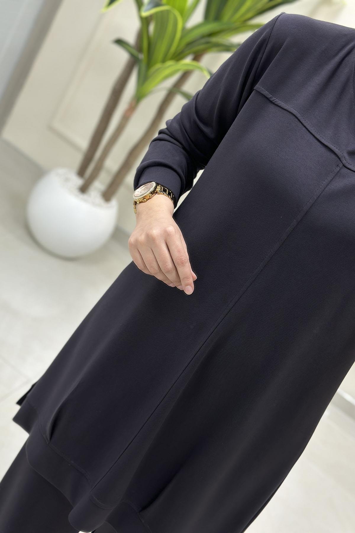 Tesettür Pantolonlu TakımÖnü Nervürlü Tunik ve Pantolon Kadın Oysho İkili Takım Antrasit MP 2660