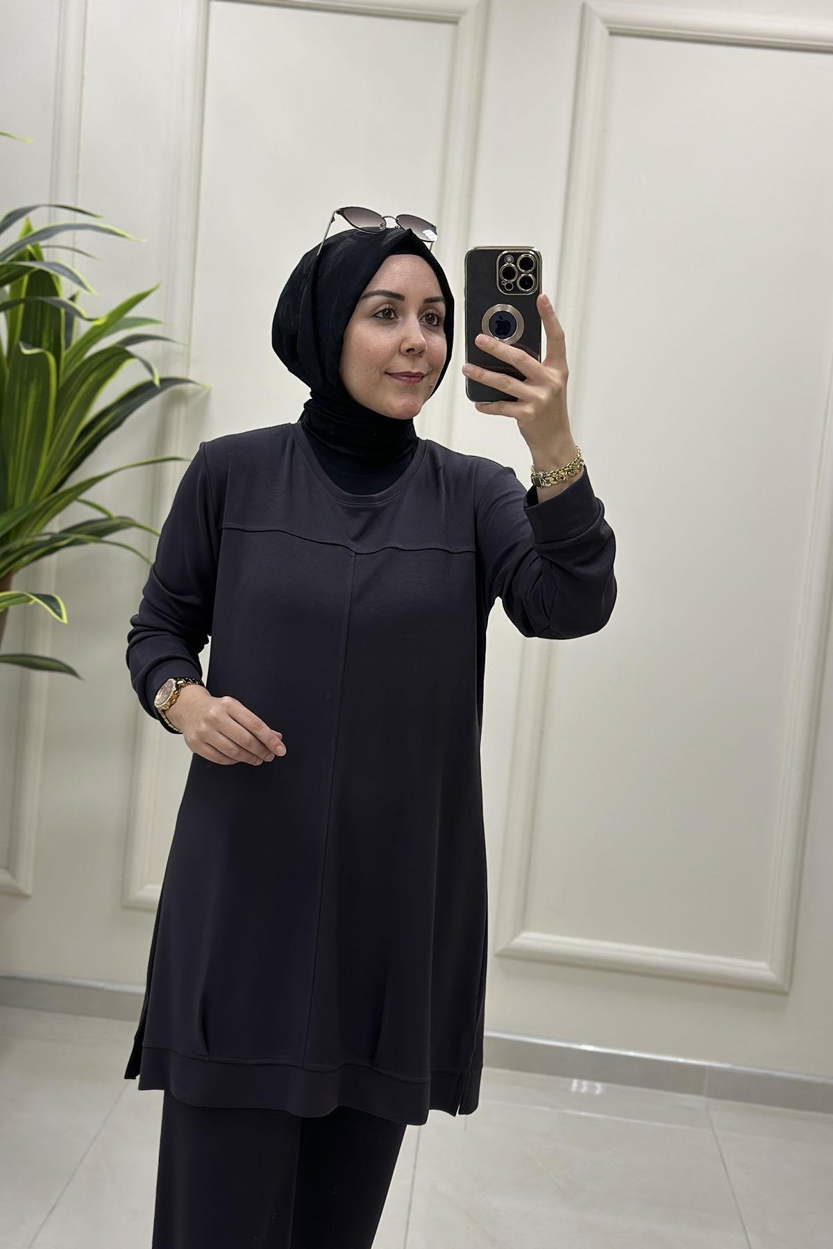 Tesettür Pantolonlu TakımÖnü Nervürlü Tunik ve Pantolon Kadın Oysho İkili Takım Antrasit MP 2660