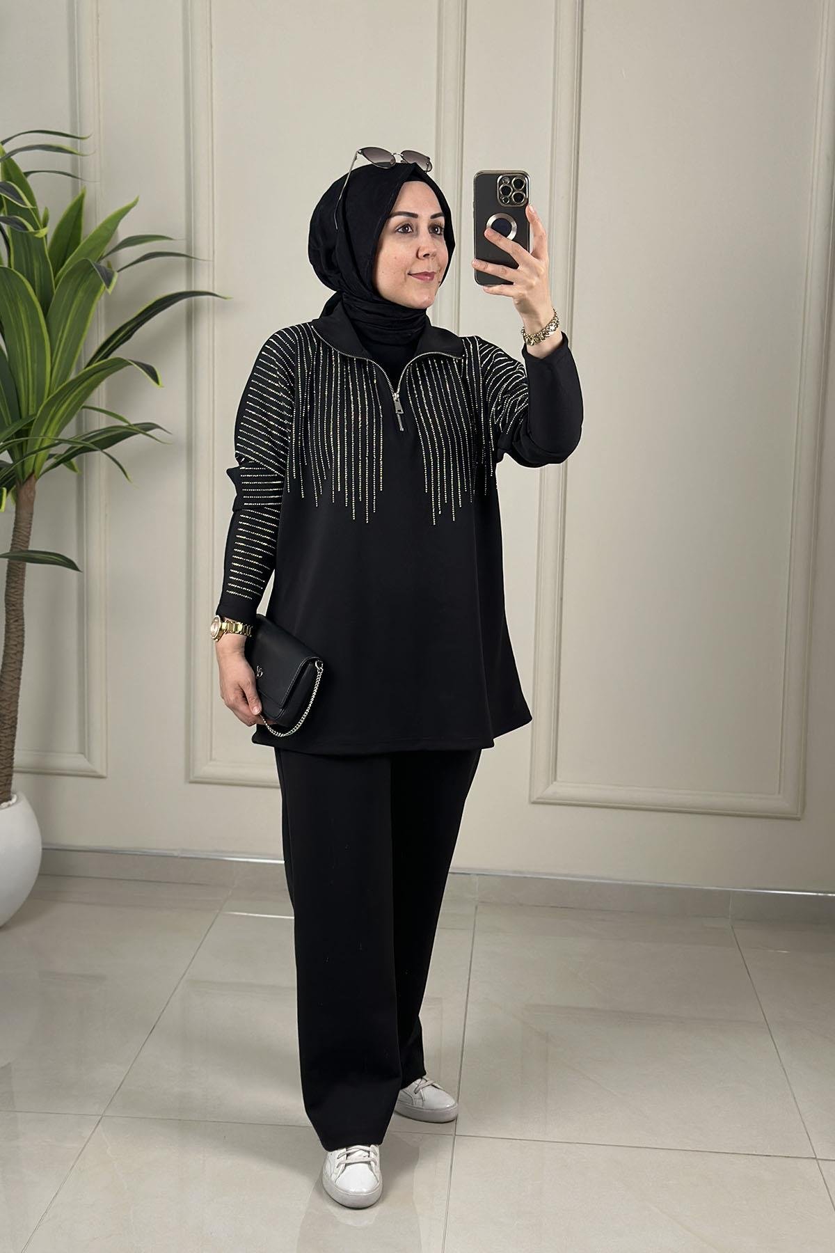 Tesettür Pantolonlu TakımÖnü Yarım Fermuarlı Taş Detaylı Tunik ve Pantolon Kadın İkili Takım Siyah MSE 8186