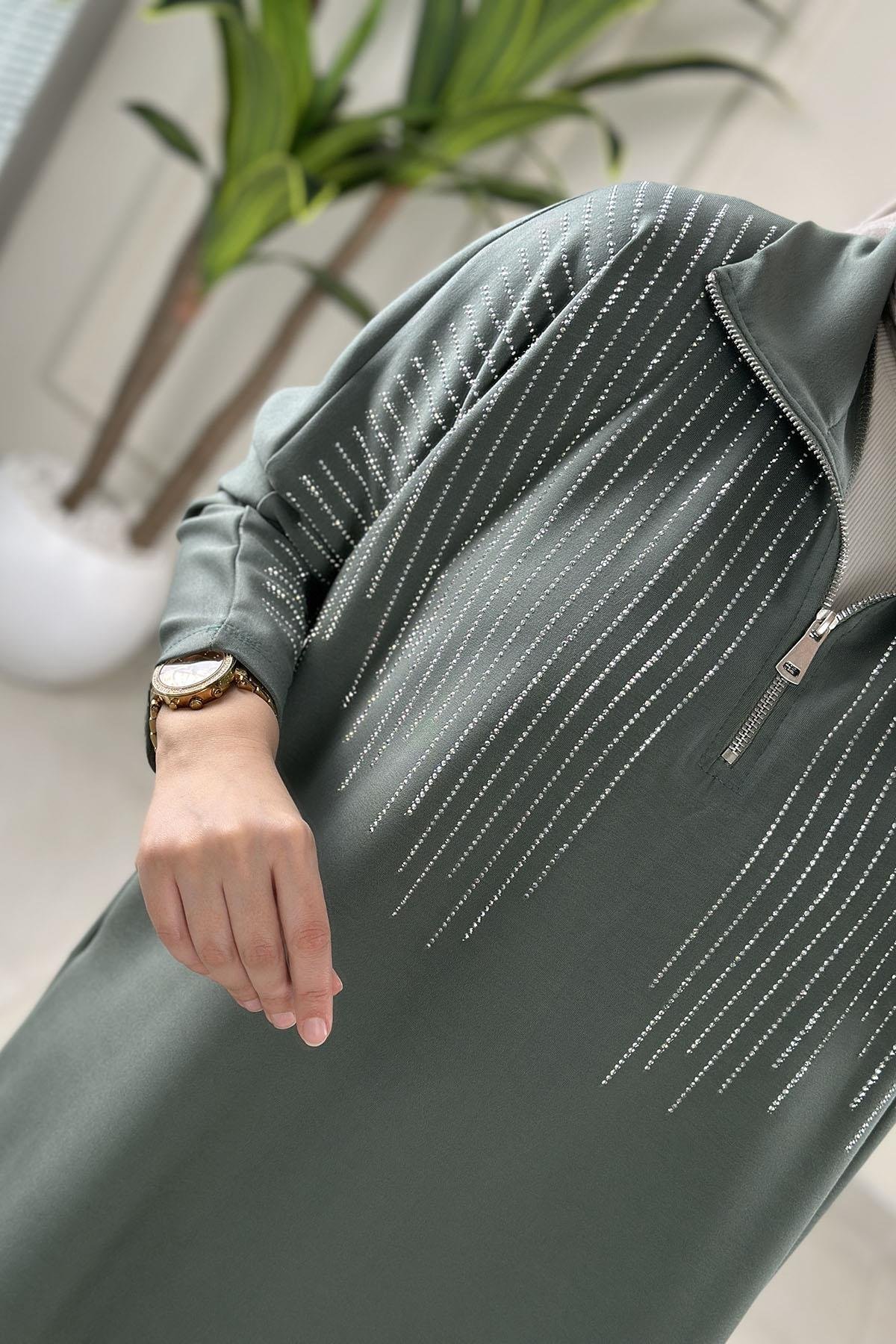 Tesettür Pantolonlu TakımÖnü Yarım Fermuarlı Taş Detaylı Tunik ve Pantolon Kadın İkili Takım Mint Yeşili MSE 8186