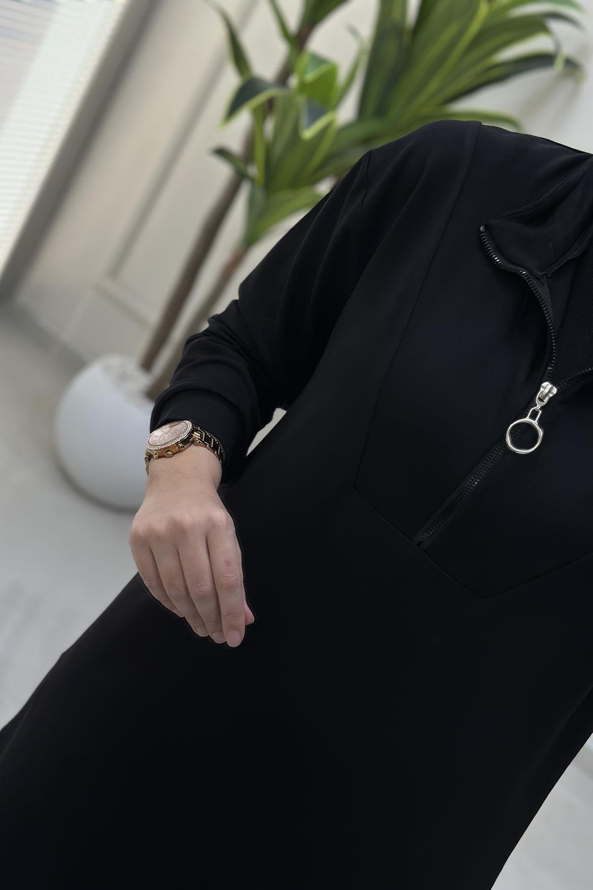 Tesettür Pantolonlu TakımÖnü Yarım Fermuarlı Tunik ve Pantolon Kadın İkili Takım Siyah KADO 257276