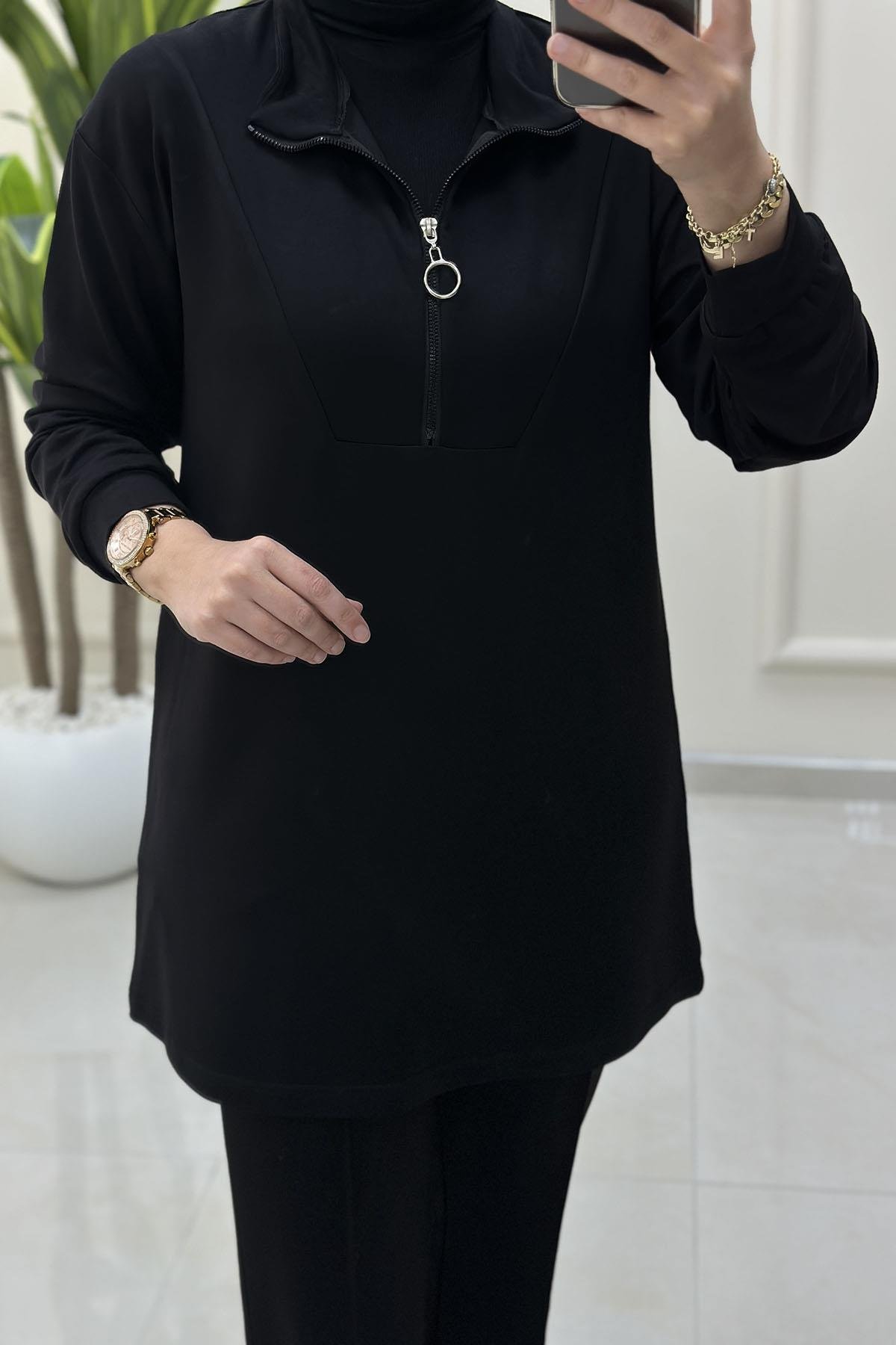 Tesettür Pantolonlu TakımÖnü Yarım Fermuarlı Tunik ve Pantolon Kadın İkili Takım Siyah KADO 257276