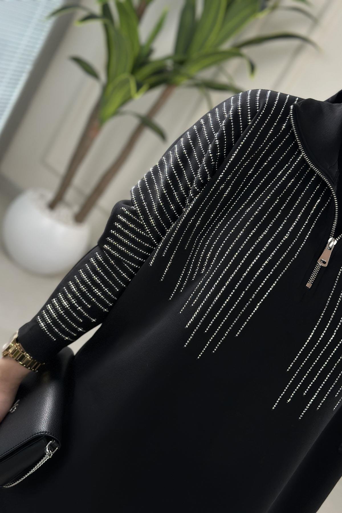 Tesettür Pantolonlu TakımÖnü Yarım Fermuarlı Taş Detaylı Tunik ve Pantolon Kadın İkili Takım Siyah MSE 8186