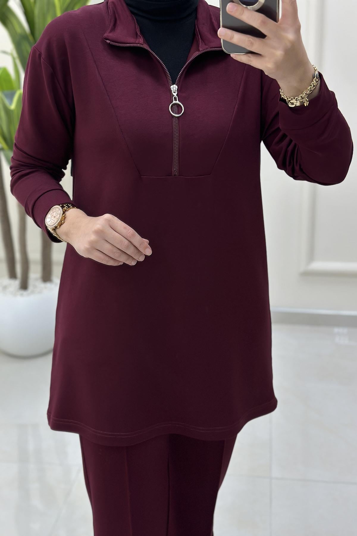 Tesettür Pantolonlu TakımÖnü Yarım Fermuarlı Tunik ve Pantolon Kadın İkili Takım Bordo KADO 257276