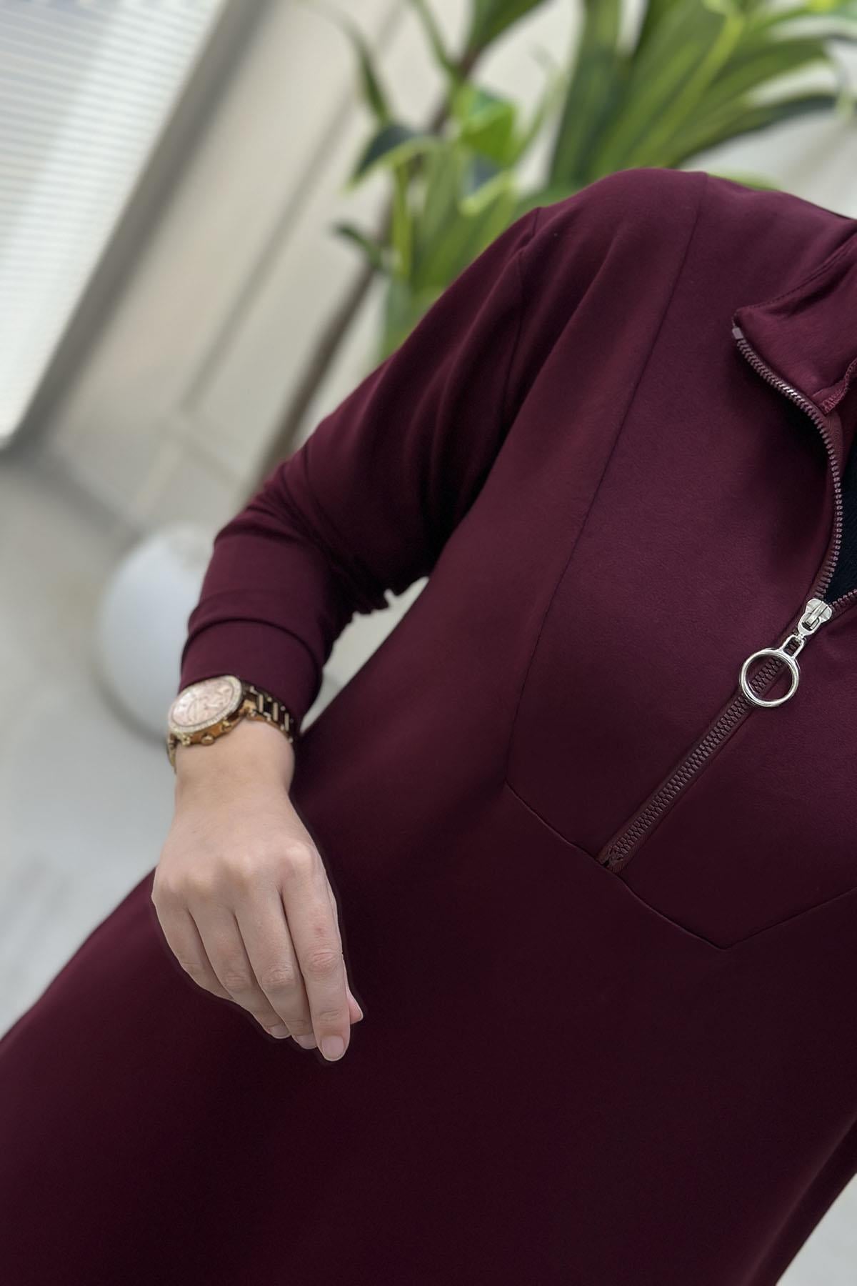 Tesettür Pantolonlu TakımÖnü Yarım Fermuarlı Tunik ve Pantolon Kadın İkili Takım Bordo KADO 257276