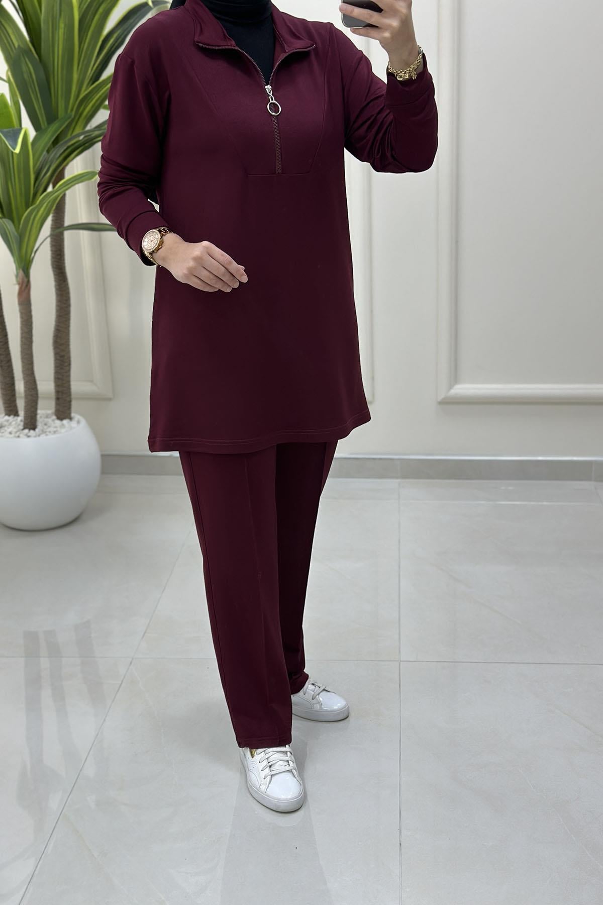 Tesettür Pantolonlu TakımÖnü Yarım Fermuarlı Tunik ve Pantolon Kadın İkili Takım Bordo KADO 257276
