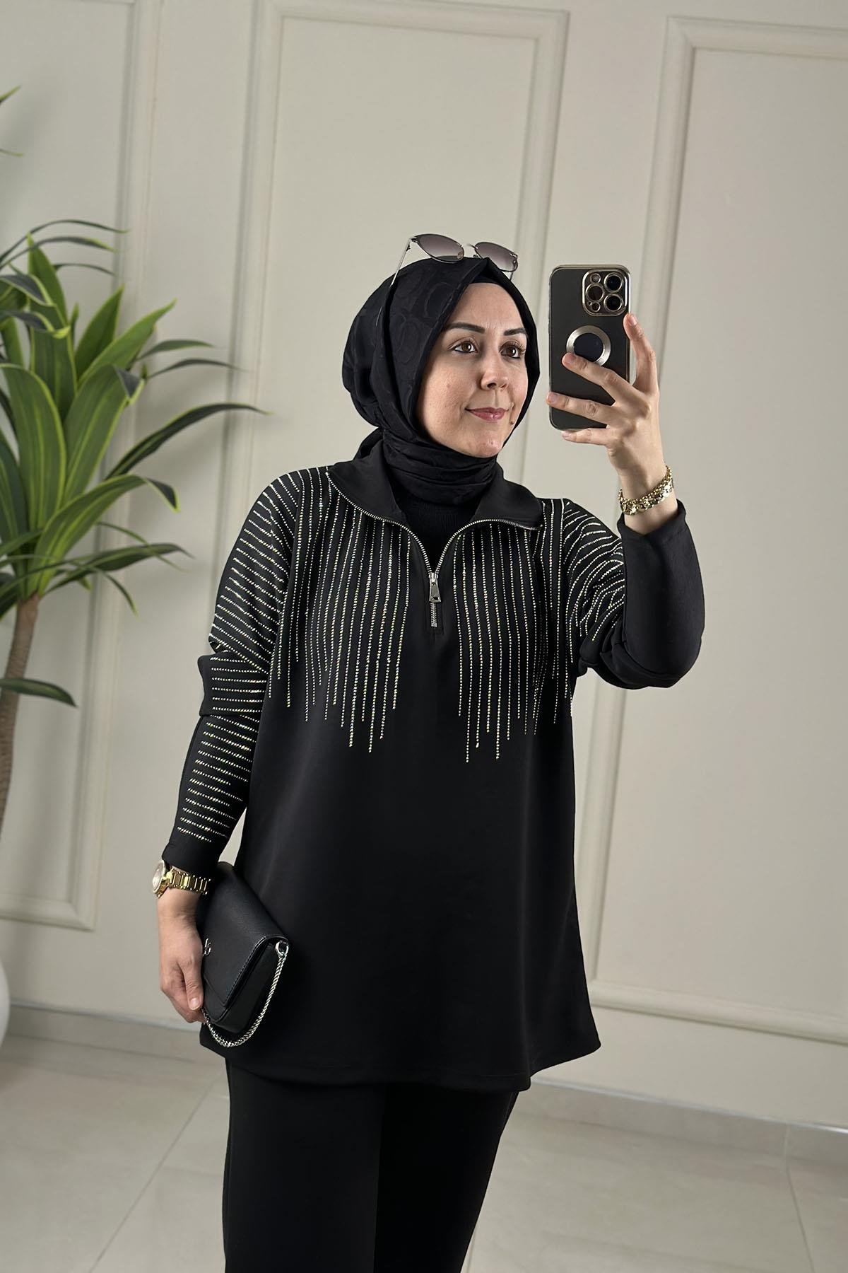 Tesettür Pantolonlu TakımÖnü Yarım Fermuarlı Taş Detaylı Tunik ve Pantolon Kadın İkili Takım Siyah MSE 8186