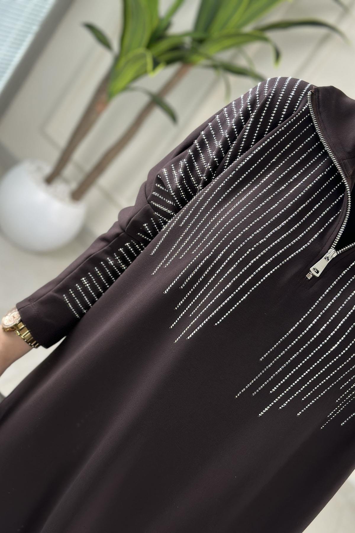 Tesettür Pantolonlu TakımÖnü Yarım Fermuarlı Taş Detaylı Tunik ve Pantolon Kadın İkili Takım Kahverengi MSE 8186