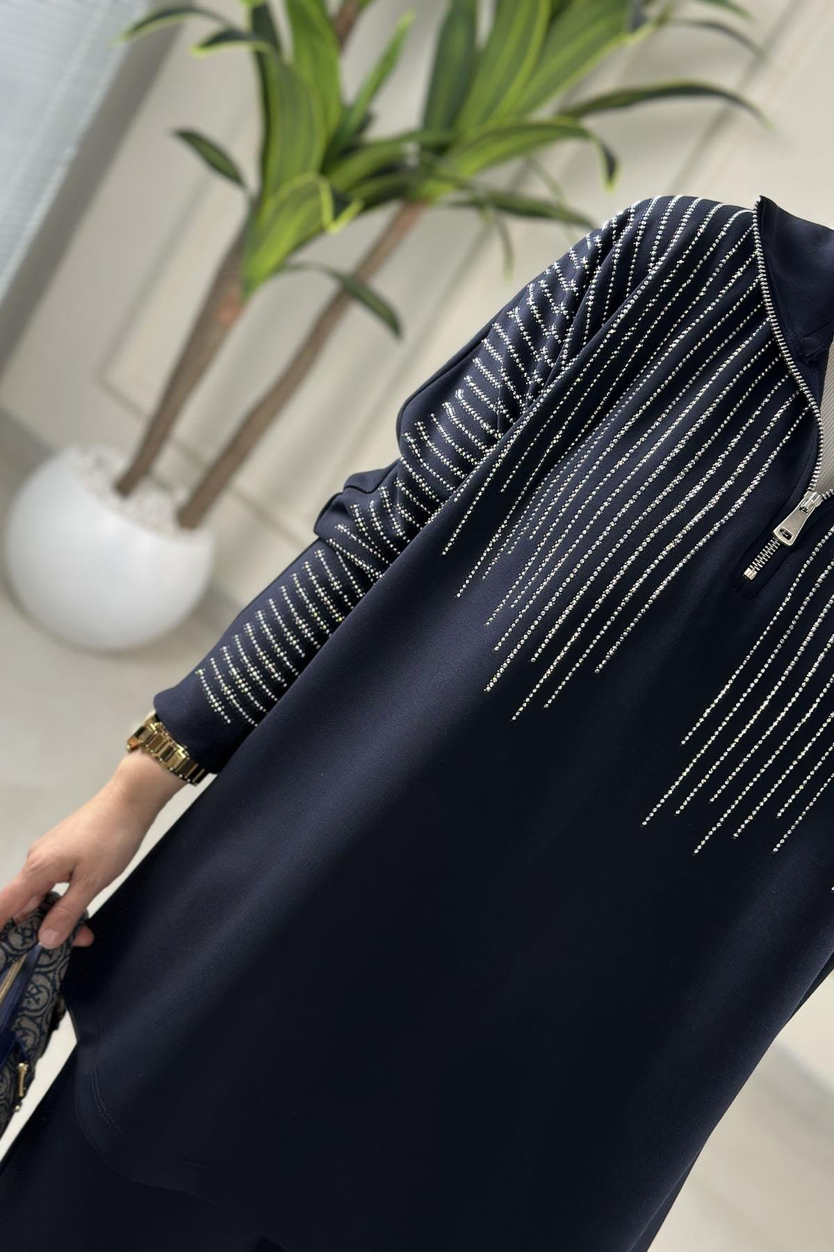 Tesettür Pantolonlu TakımÖnü Yarım Fermuarlı Taş Detaylı Tunik ve Pantolon Kadın İkili Takım Lacivert MSE 8186