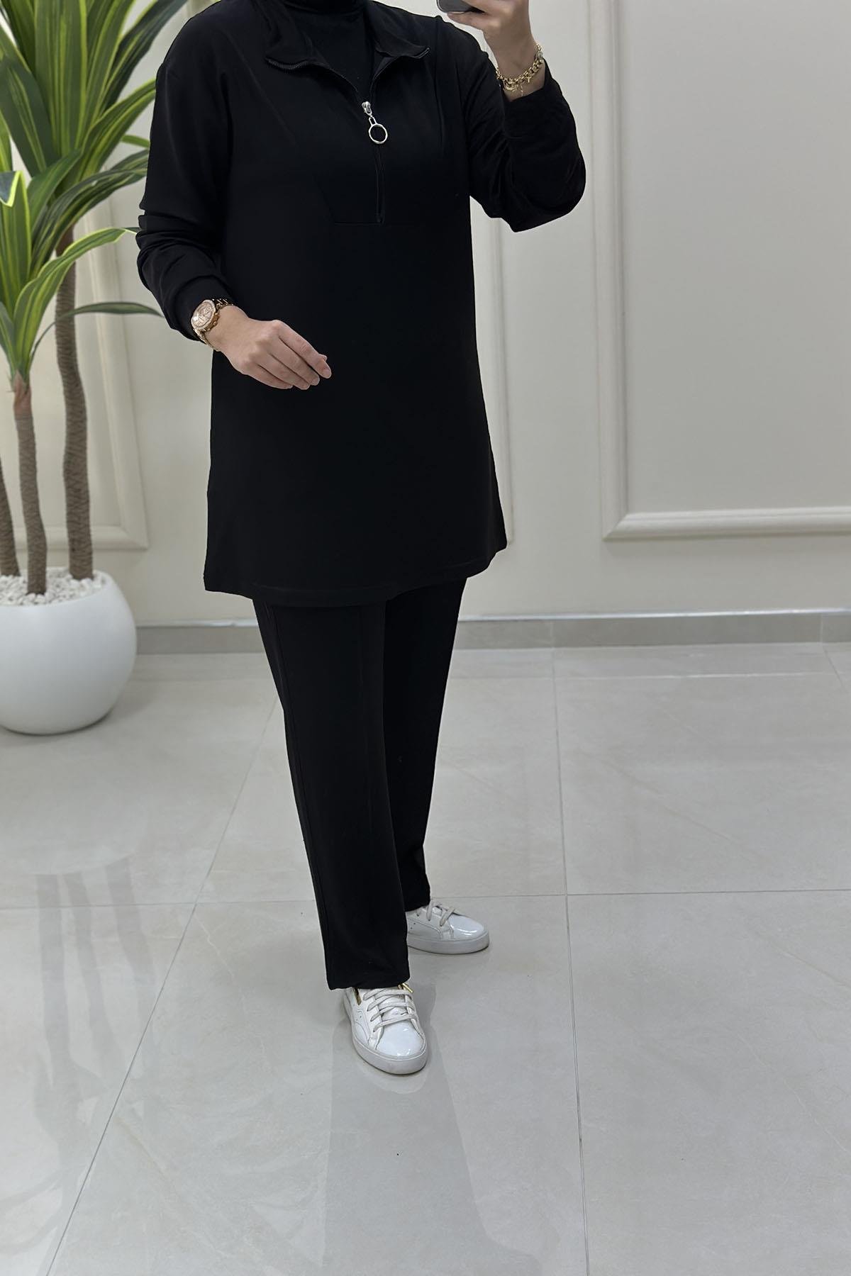 Tesettür Pantolonlu TakımÖnü Yarım Fermuarlı Tunik ve Pantolon Kadın İkili Takım Siyah KADO 257276