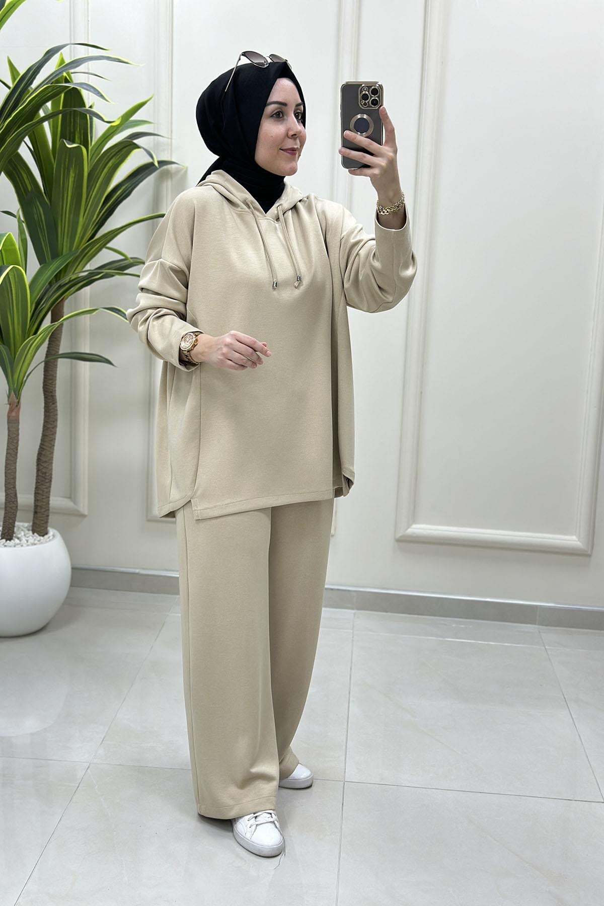 Tesettür Pantolonlu TakımOysho Düşük Omuz Kapüşonlu Tunik ve Pantolon Kadın İkili Takım Taş MSE 8037