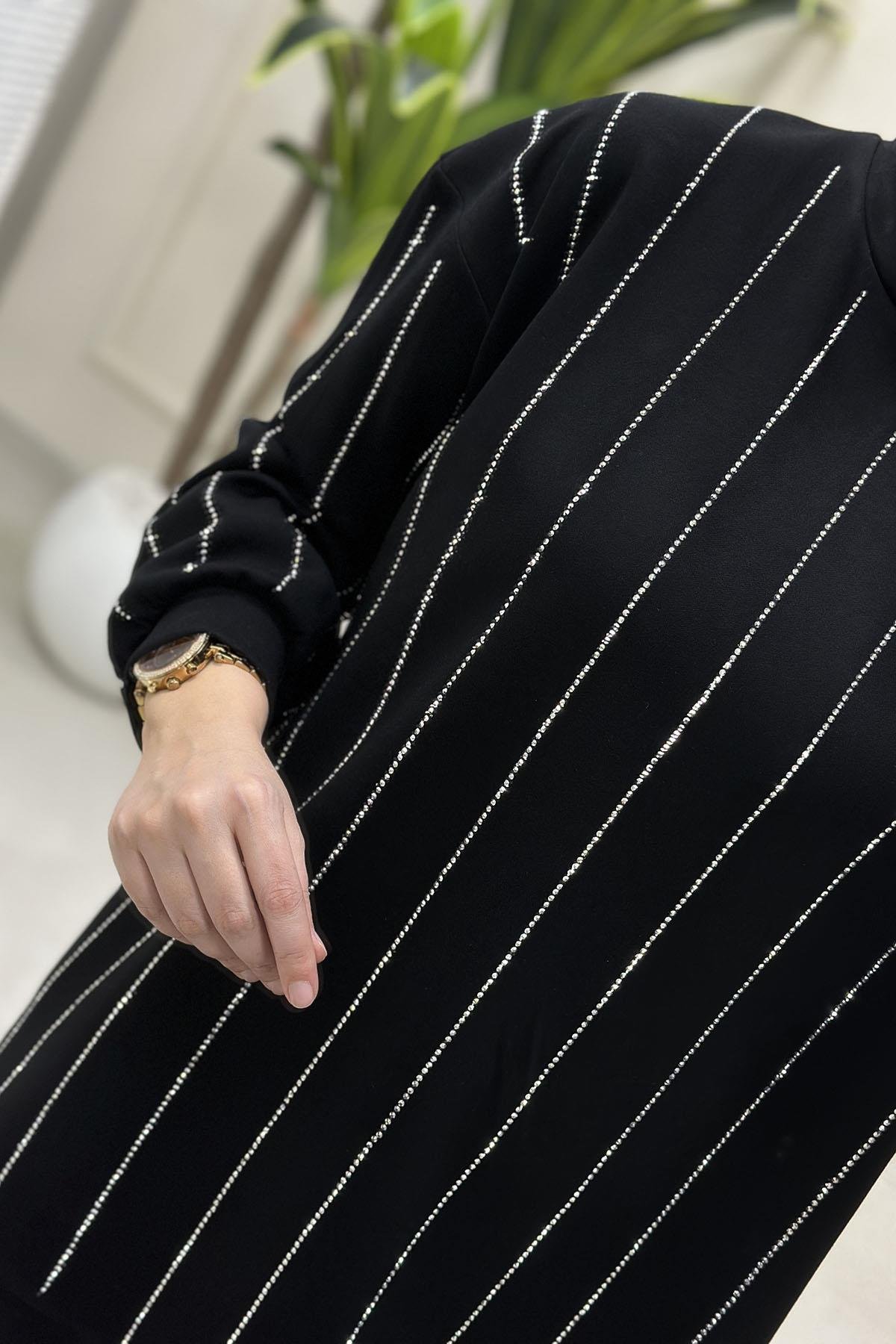 Tesettür Pantolonlu TakımOysho Düşük Omuz Taş Detaylı Tunik ve Pantolon Kadın İkili Takım Siyah MSE 8153