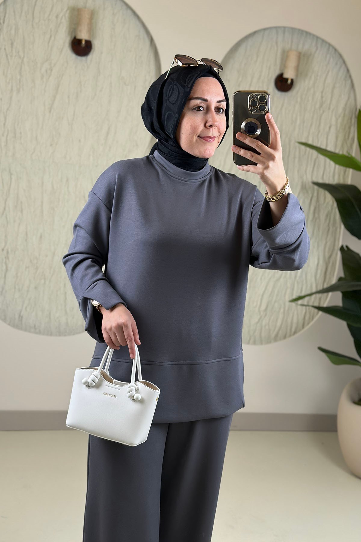 Tesettür Pantolonlu TakımOysho Düşük Omuz Tunik ve Pantolon Kadın İkili Takım Gri HTN 9122
