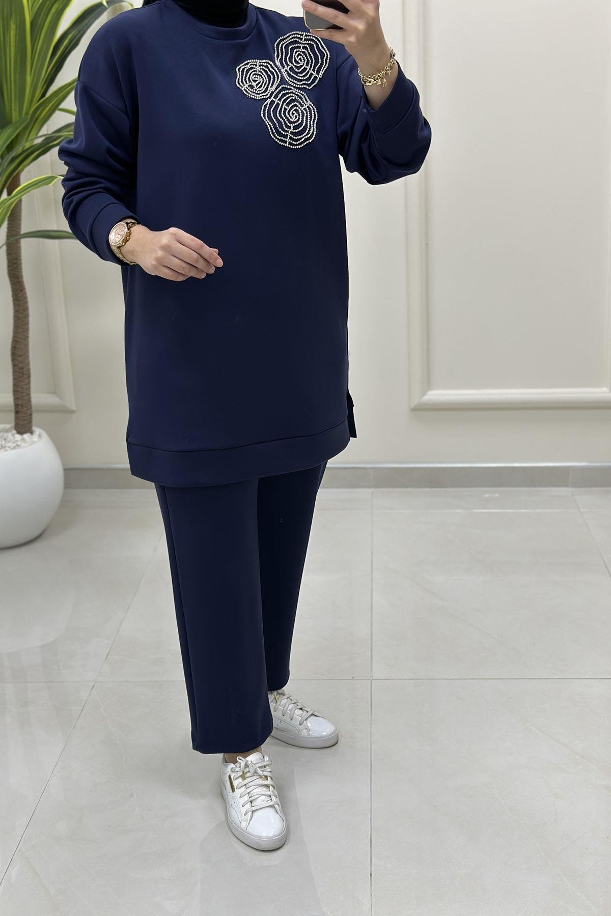 Tesettür Pantolonlu TakımOysho Düşük Omuz Taş Detaylı Tunik ve Pantolon Kadın İkili Takım Lacivert VOL 1604