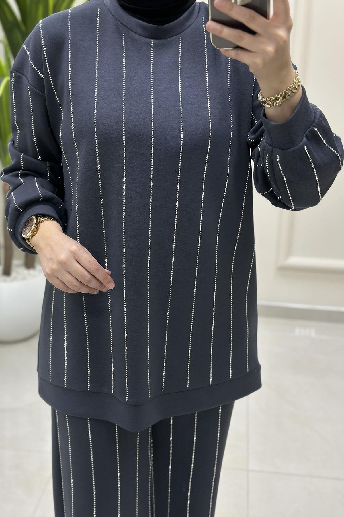 Tesettür Pantolonlu TakımOysho Düşük Omuz Taş Detaylı Tunik ve Pantolon Kadın İkili Takım Antrasit MSE 8153