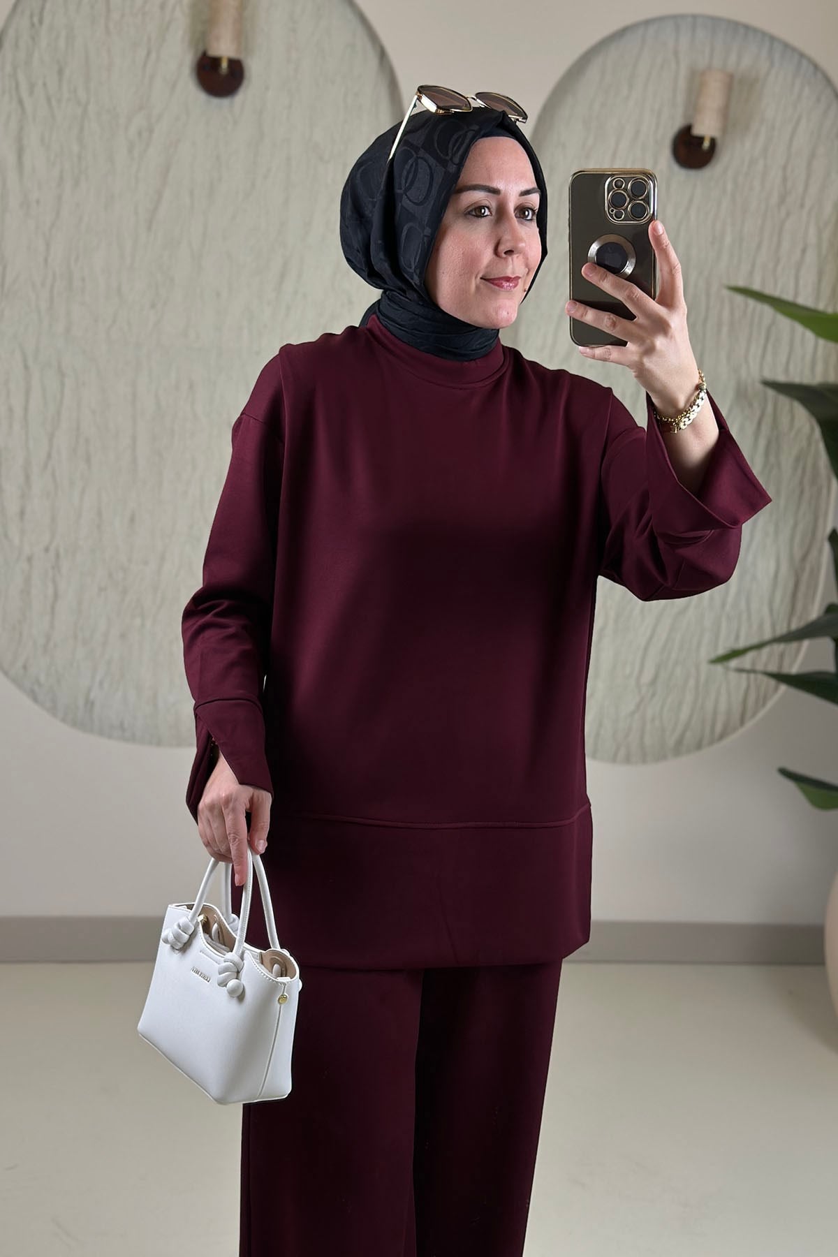 Tesettür Pantolonlu TakımOysho Düşük Omuz Tunik ve Pantolon Kadın İkili Takım Bordo HTN 9122