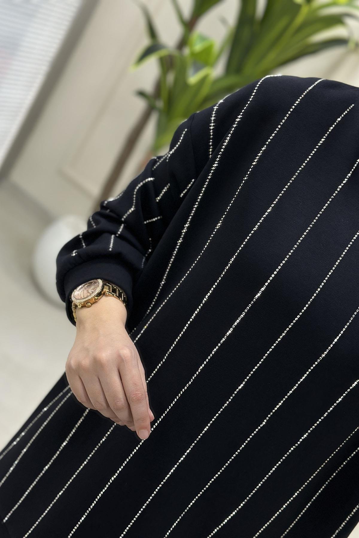 Tesettür Pantolonlu TakımOysho Düşük Omuz Taş Detaylı Tunik ve Pantolon Kadın İkili Takım Lacivert MSE 8153