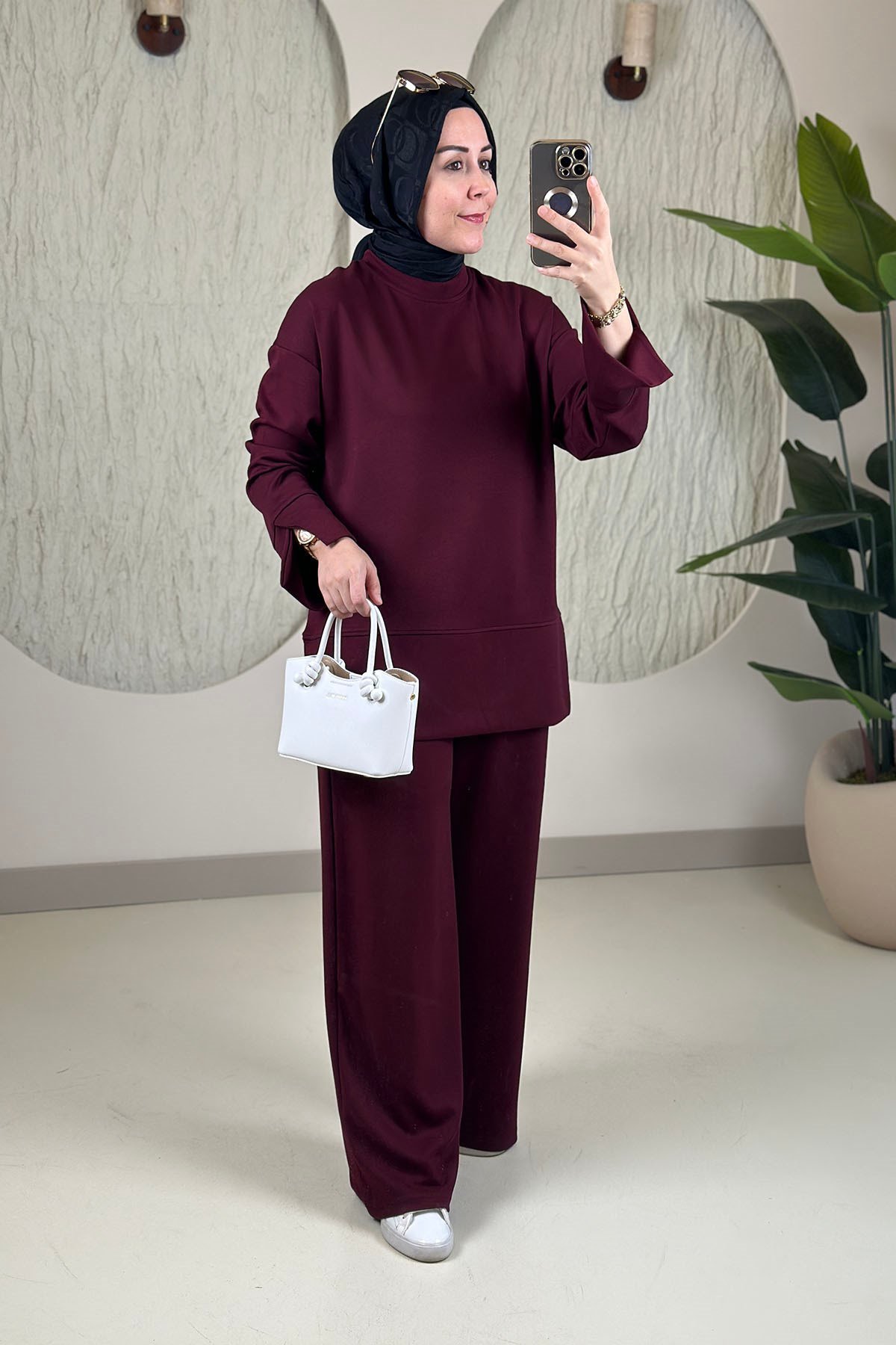 Tesettür Pantolonlu TakımOysho Düşük Omuz Tunik ve Pantolon Kadın İkili Takım Bordo HTN 9122