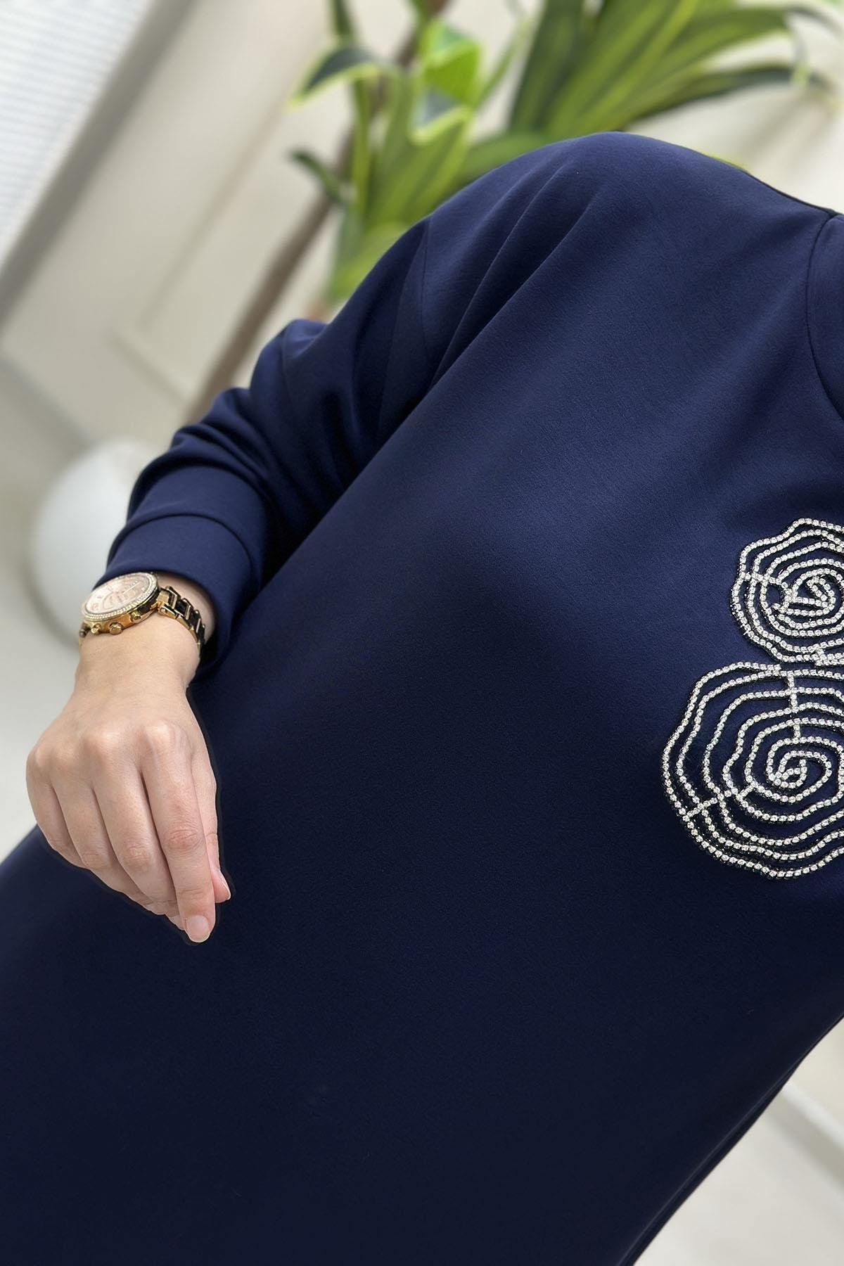 Tesettür Pantolonlu TakımOysho Düşük Omuz Taş Detaylı Tunik ve Pantolon Kadın İkili Takım Lacivert VOL 1604