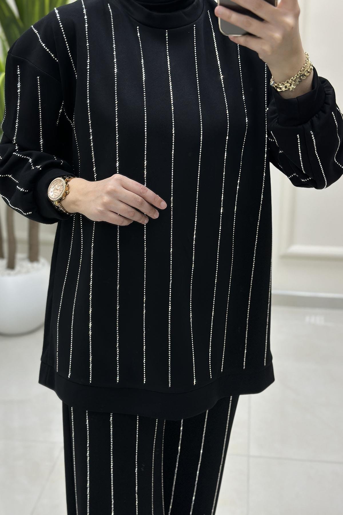 Tesettür Pantolonlu TakımOysho Düşük Omuz Taş Detaylı Tunik ve Pantolon Kadın İkili Takım Siyah MSE 8153