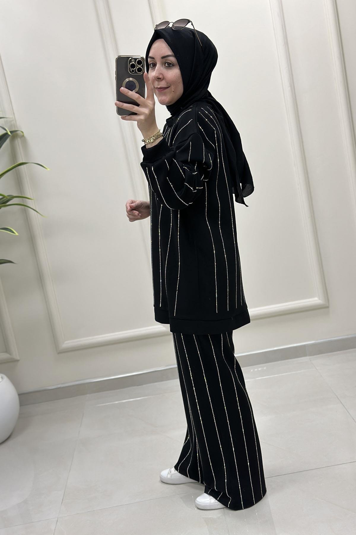 Tesettür Pantolonlu TakımOysho Düşük Omuz Taş Detaylı Tunik ve Pantolon Kadın İkili Takım Siyah MSE 8153