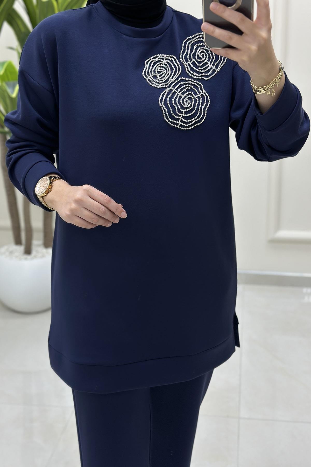 Tesettür Pantolonlu TakımOysho Düşük Omuz Taş Detaylı Tunik ve Pantolon Kadın İkili Takım Lacivert VOL 1604