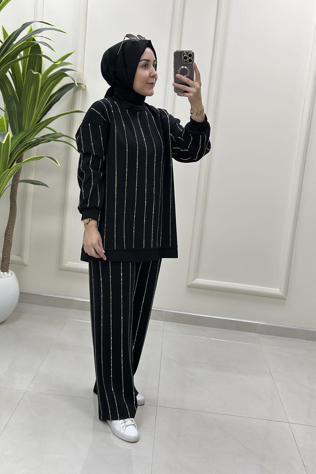 Tesettür Pantolonlu TakımOysho Düşük Omuz Taş Detaylı Tunik ve Pantolon Kadın İkili Takım Siyah MSE 8153