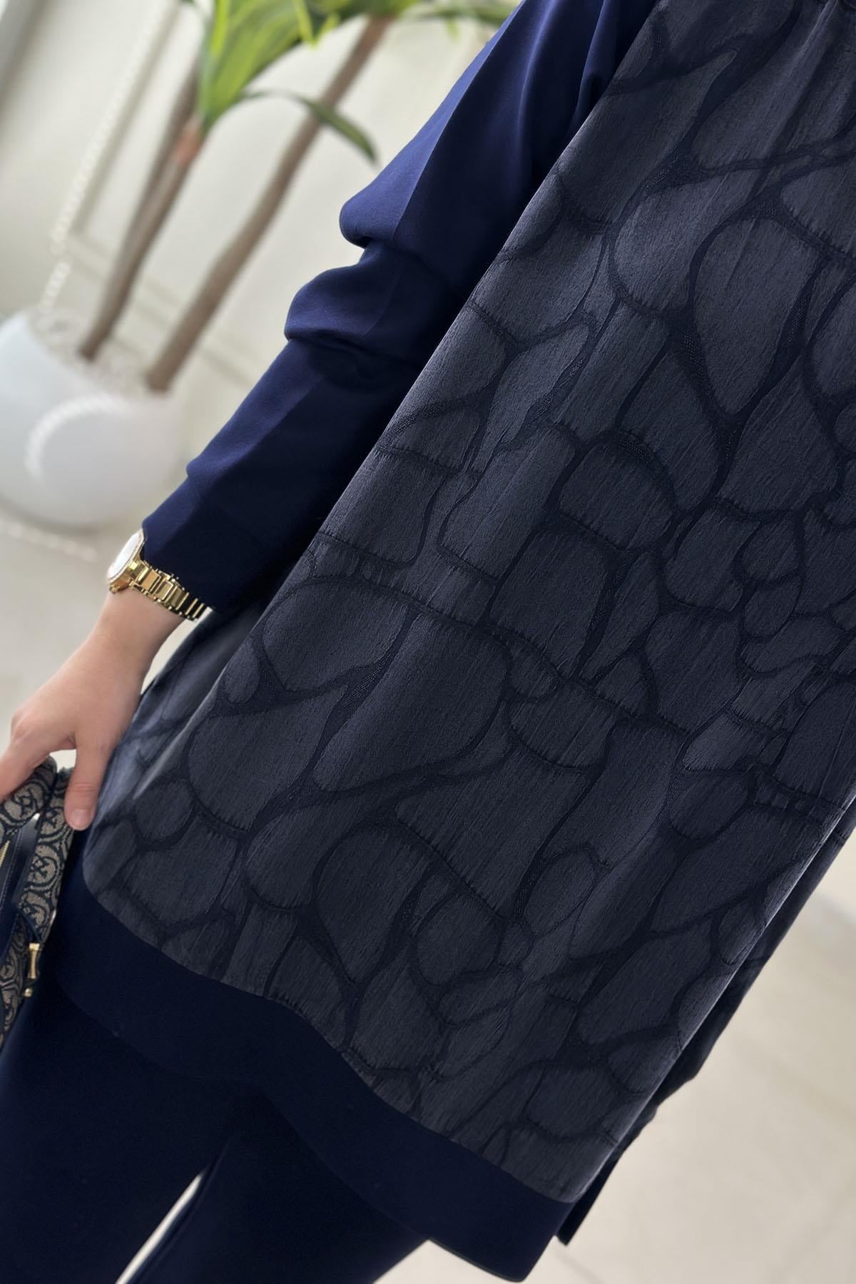 Tesettür Pantolonlu TakımQupra Oysho Garnili Reglan Kol Tunik ve Pantolon Kadın İkili Takım Lacivert GNR 228