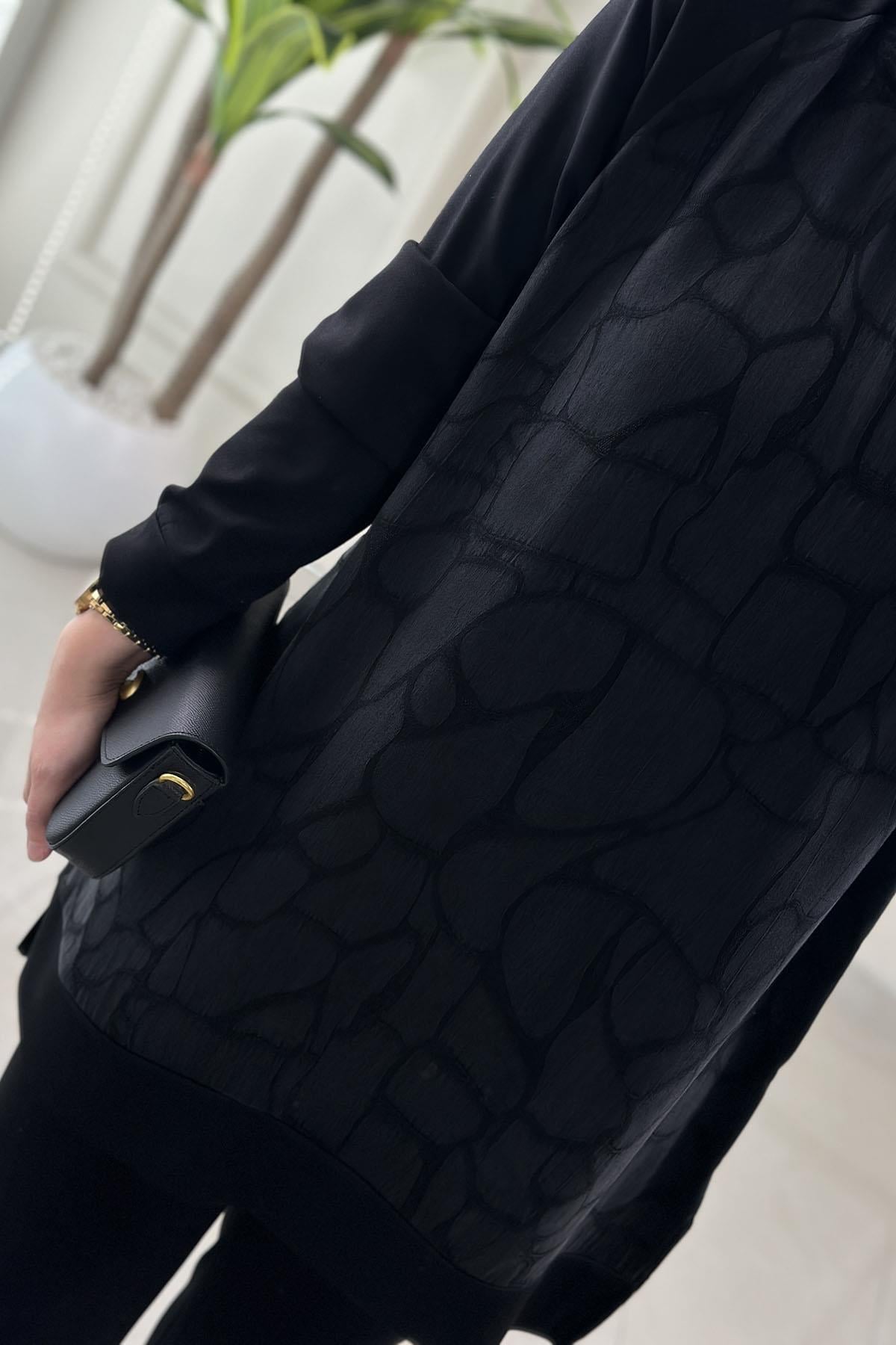 Tesettür Pantolonlu TakımQupra Oysho Garnili Reglan Kol Tunik ve Pantolon Kadın İkili Takım Siyah GNR 228