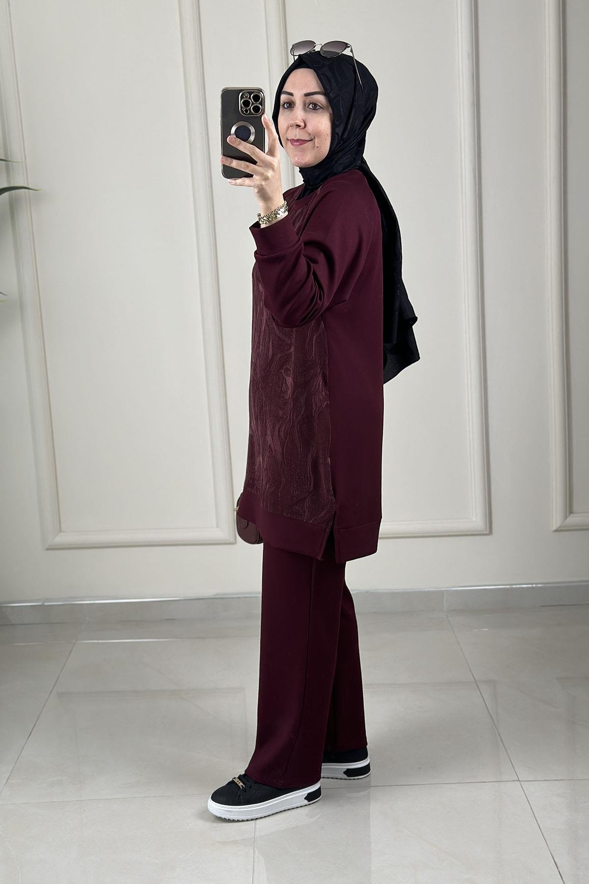 Tesettür Pantolonlu TakımQupra Oysho Garnili Reglan Kol Tunik ve Pantolon Kadın İkili Takım Bordo GNR 228