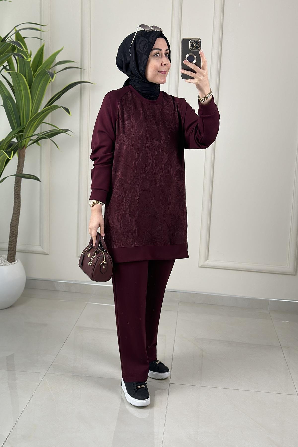 Tesettür Pantolonlu TakımQupra Oysho Garnili Reglan Kol Tunik ve Pantolon Kadın İkili Takım Bordo GNR 228