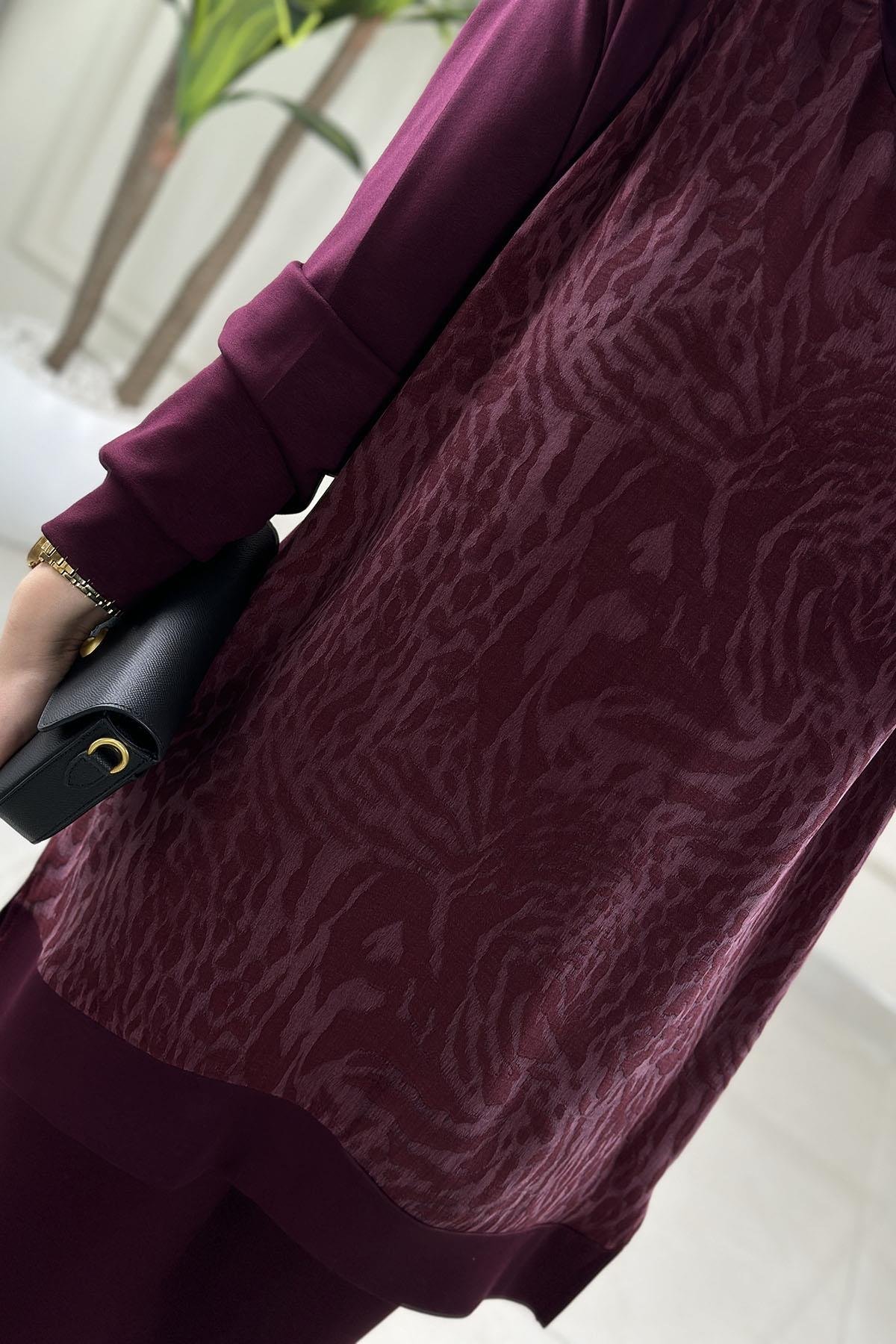 Tesettür Pantolonlu TakımQupra Oysho Garnili Reglan Kol Tunik ve Pantolon Kadın İkili Takım Bordo GNR 234