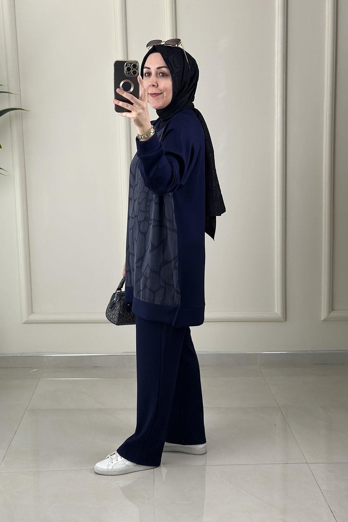 Tesettür Pantolonlu TakımQupra Oysho Garnili Reglan Kol Tunik ve Pantolon Kadın İkili Takım Lacivert GNR 228