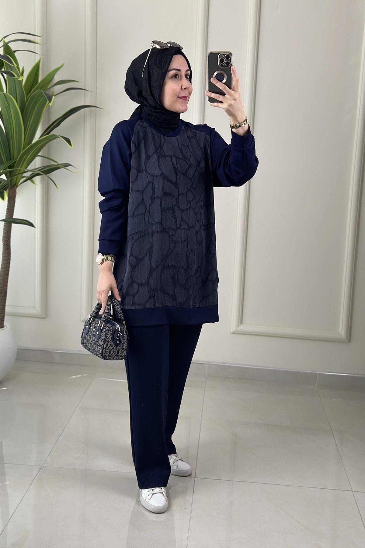 Tesettür Pantolonlu TakımQupra Oysho Garnili Reglan Kol Tunik ve Pantolon Kadın İkili Takım Lacivert GNR 228