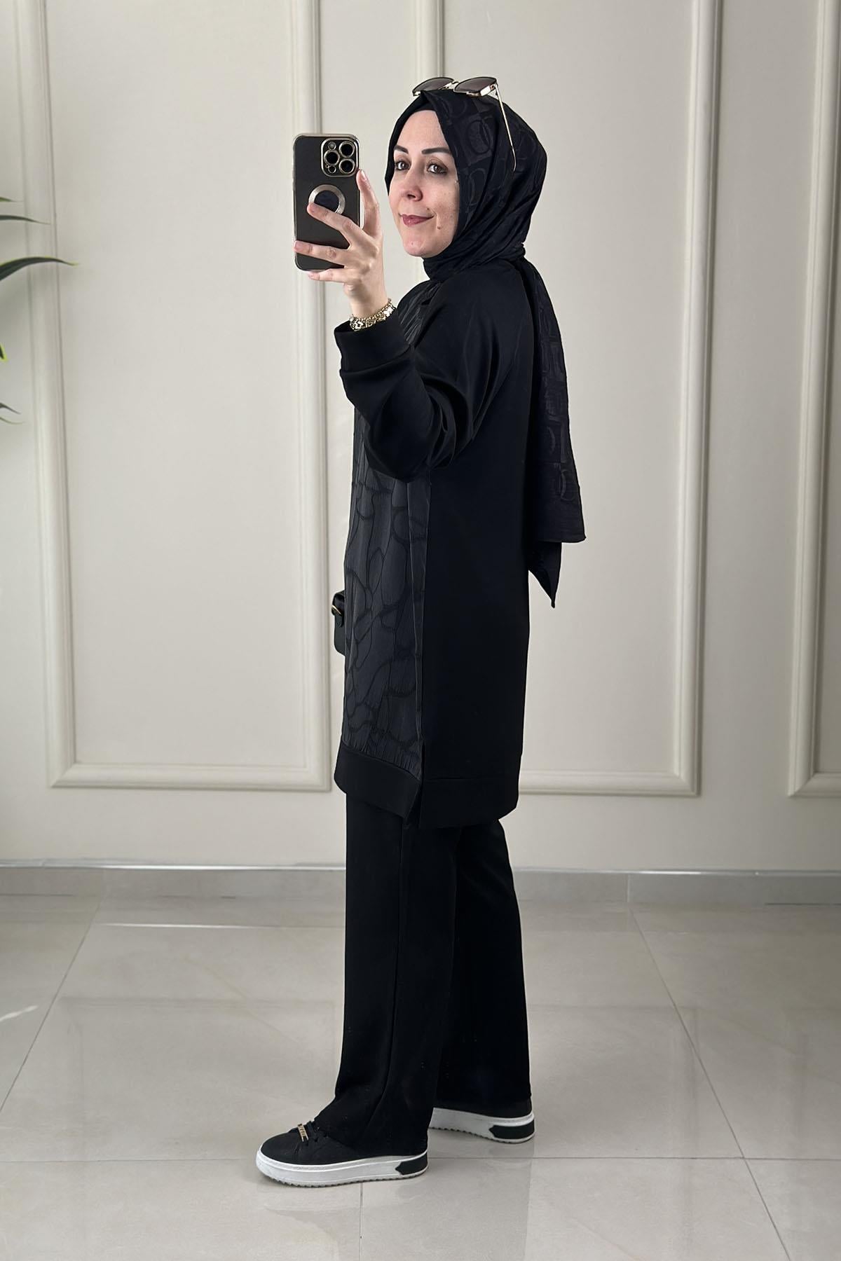 Tesettür Pantolonlu TakımQupra Oysho Garnili Reglan Kol Tunik ve Pantolon Kadın İkili Takım Siyah GNR 228