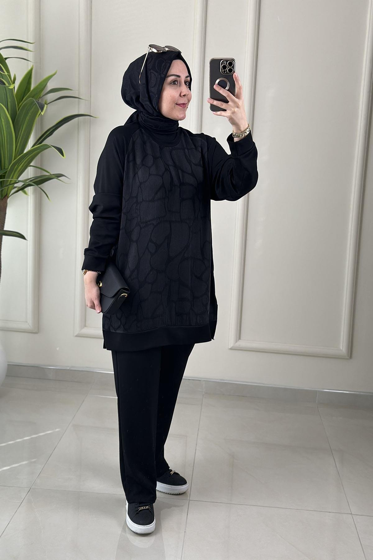 Tesettür Pantolonlu TakımQupra Oysho Garnili Reglan Kol Tunik ve Pantolon Kadın İkili Takım Siyah GNR 228