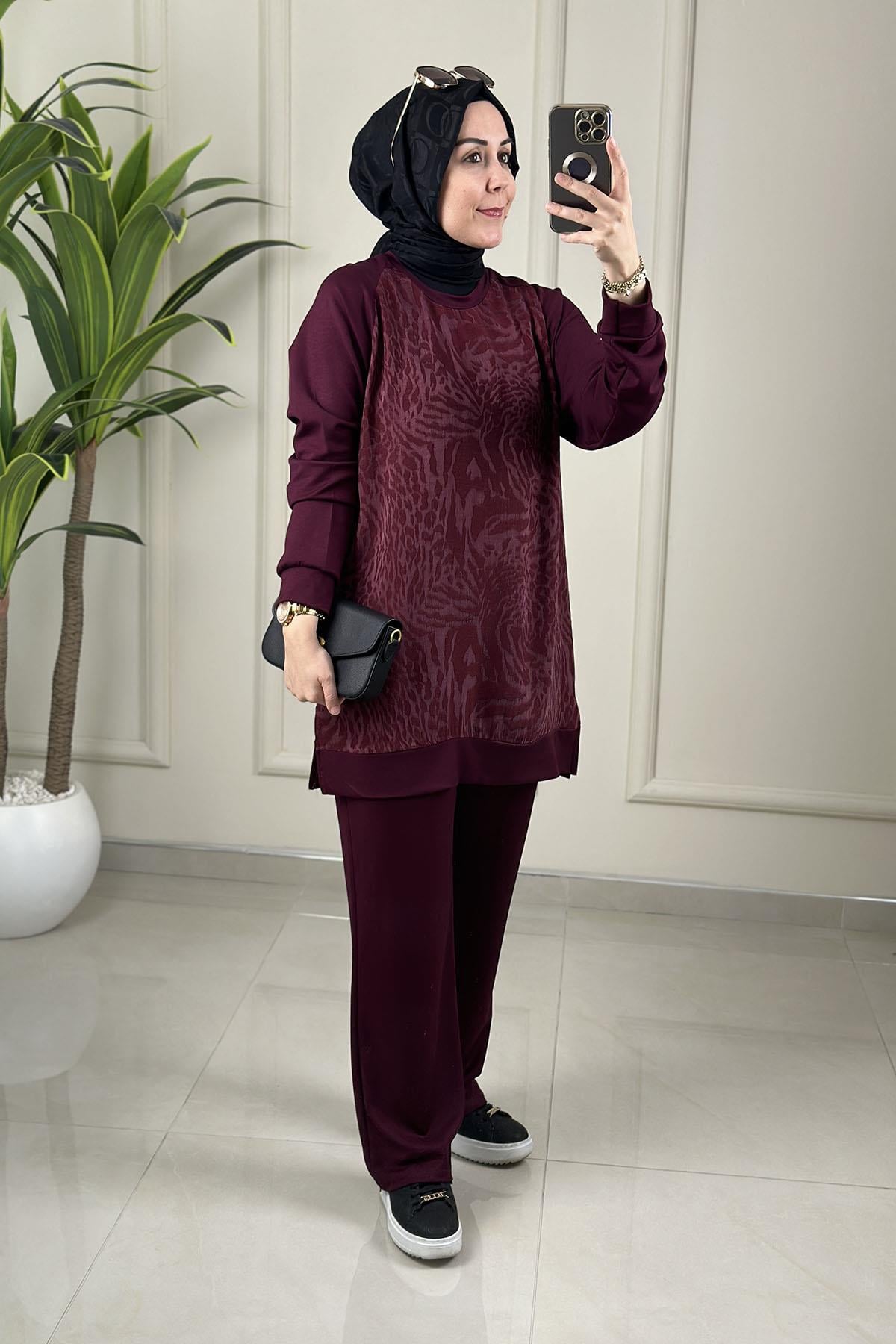 Tesettür Pantolonlu TakımQupra Oysho Garnili Reglan Kol Tunik ve Pantolon Kadın İkili Takım Bordo GNR 234