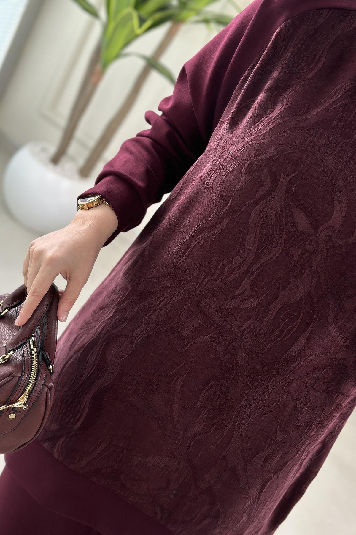 Tesettür Pantolonlu TakımQupra Oysho Garnili Reglan Kol Tunik ve Pantolon Kadın İkili Takım Bordo GNR 228