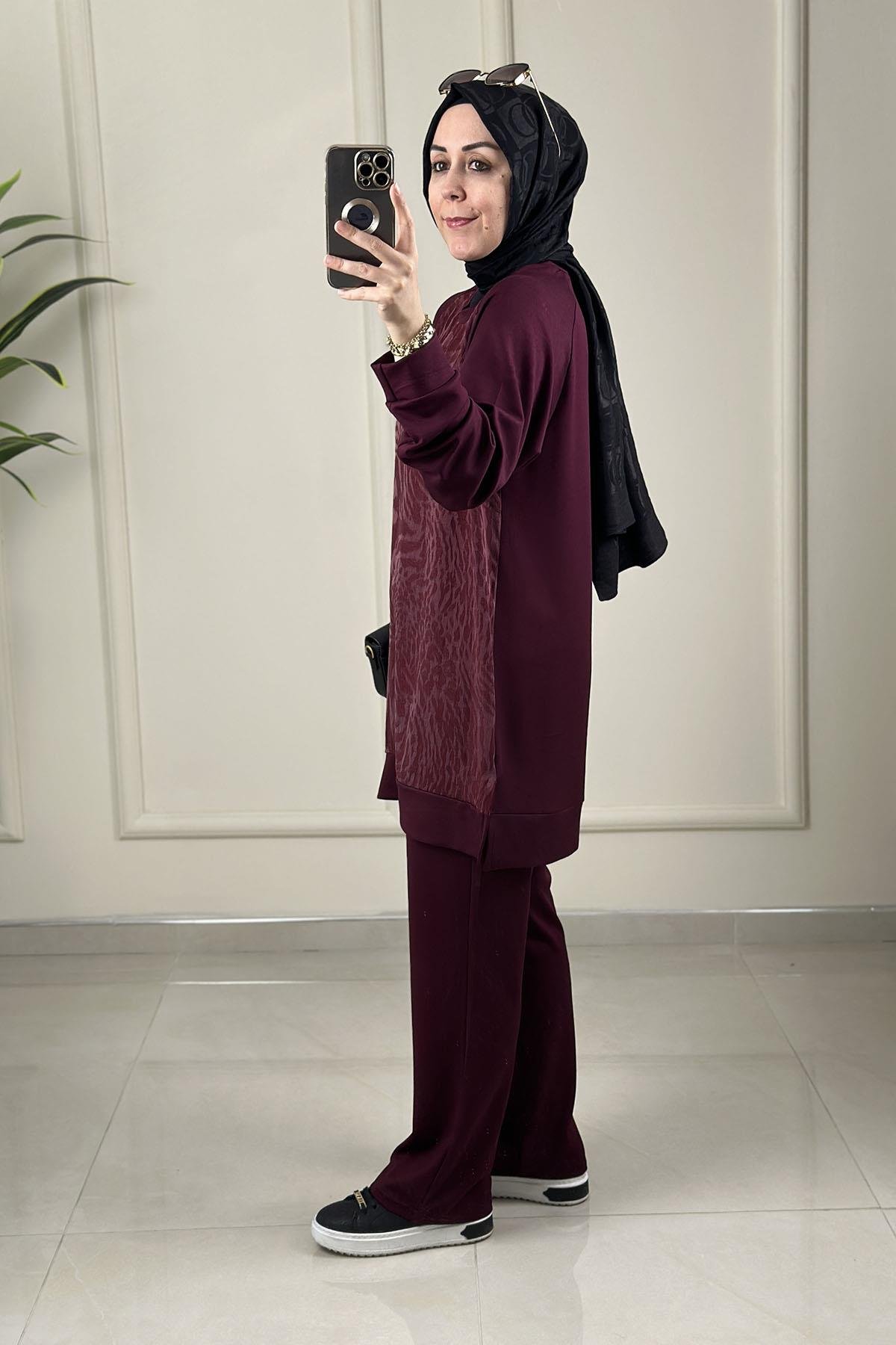 Tesettür Pantolonlu TakımQupra Oysho Garnili Reglan Kol Tunik ve Pantolon Kadın İkili Takım Bordo GNR 234