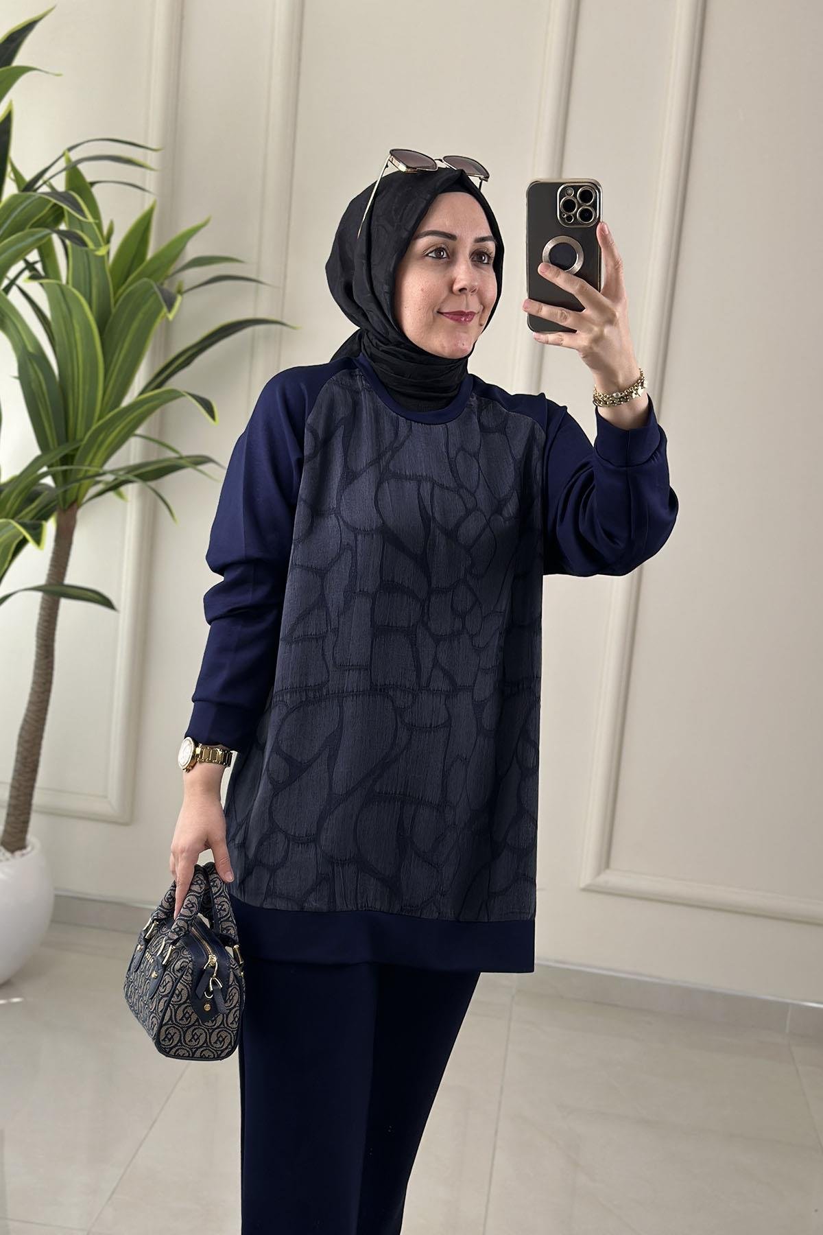 Tesettür Pantolonlu TakımQupra Oysho Garnili Reglan Kol Tunik ve Pantolon Kadın İkili Takım Lacivert GNR 228