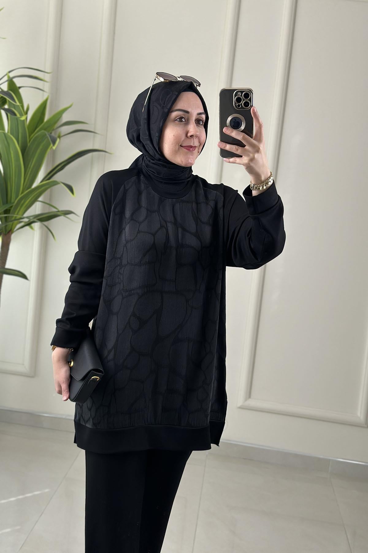 Tesettür Pantolonlu TakımQupra Oysho Garnili Reglan Kol Tunik ve Pantolon Kadın İkili Takım Siyah GNR 228