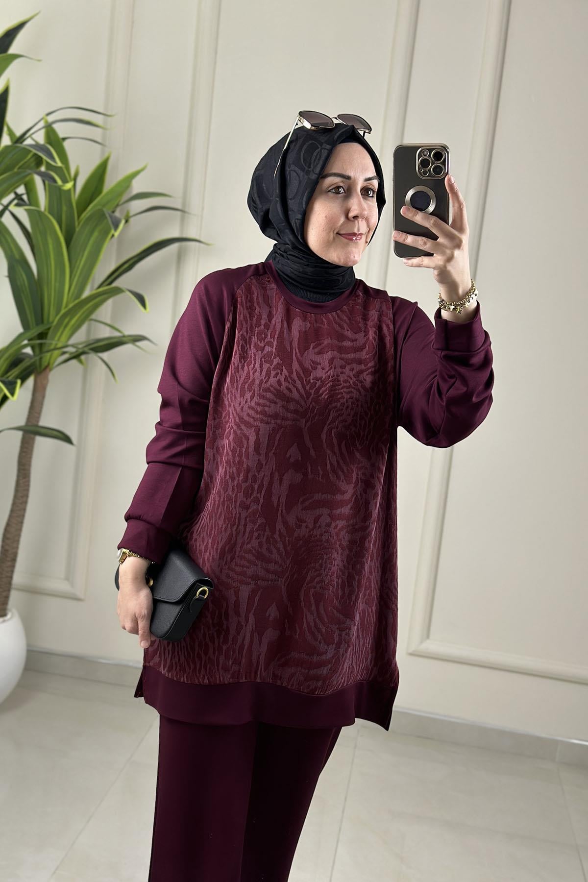 Tesettür Pantolonlu TakımQupra Oysho Garnili Reglan Kol Tunik ve Pantolon Kadın İkili Takım Bordo GNR 234