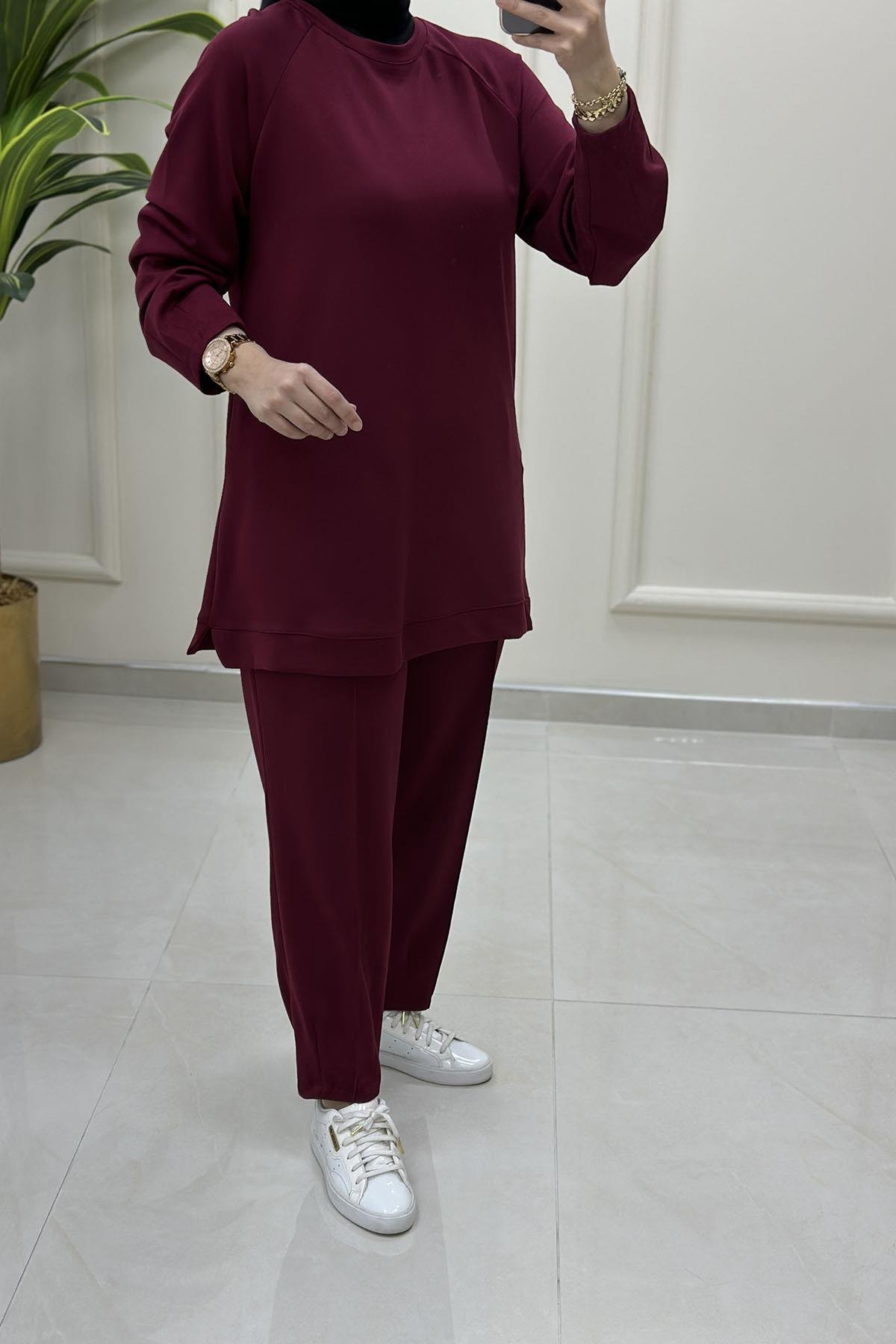 Tesettür Pantolonlu TakımReglan Kol Tunik ve Pantolon Kadın İkili Takım Bordo KADO 251235