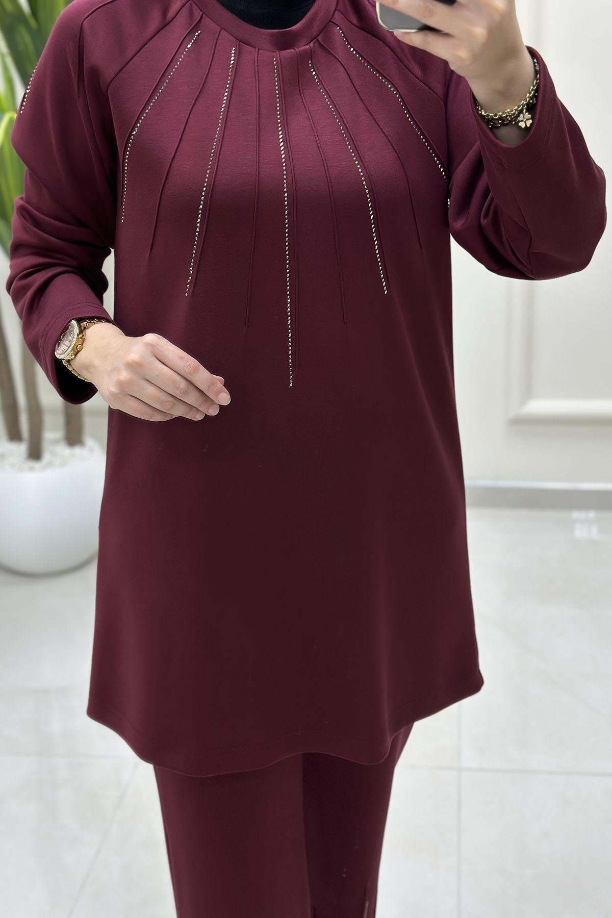 Tesettür Pantolonlu TakımReglan Kol Tunik ve Pantolon Taş Detaylı Kadın İkili Takım Bordo VOL 1606