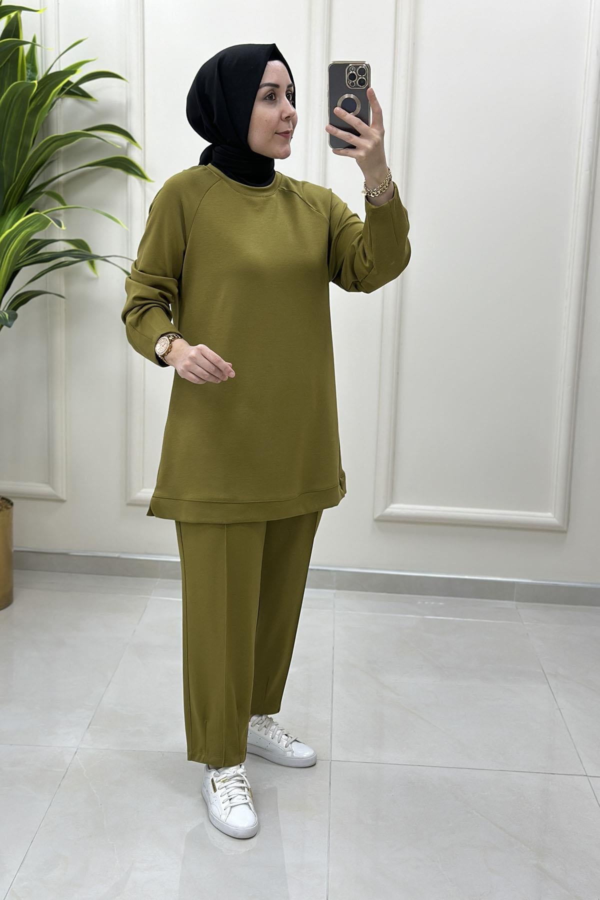 Tesettür Pantolonlu TakımReglan Kol Tunik ve Pantolon Kadın İkili Takım Yağ Yeşili KADO 251235