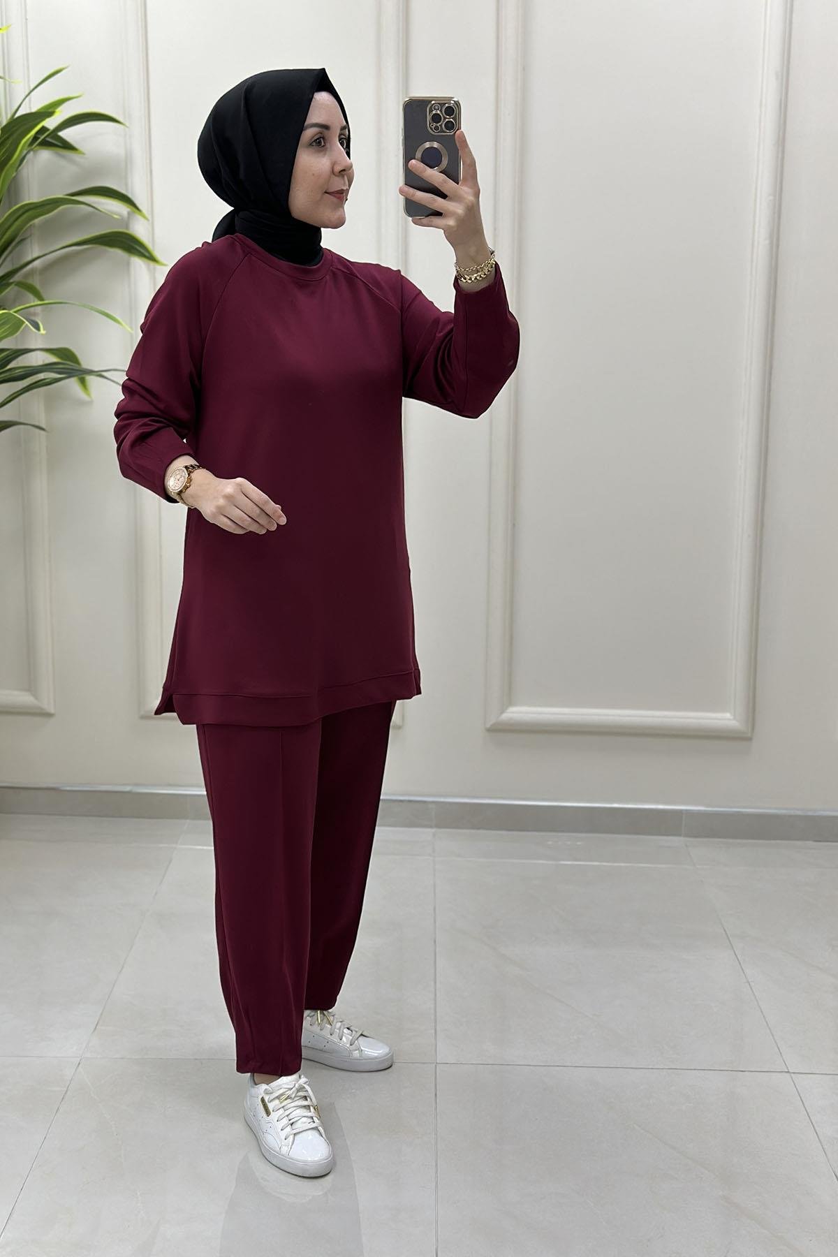 Tesettür Pantolonlu TakımReglan Kol Tunik ve Pantolon Kadın İkili Takım Bordo KADO 251235