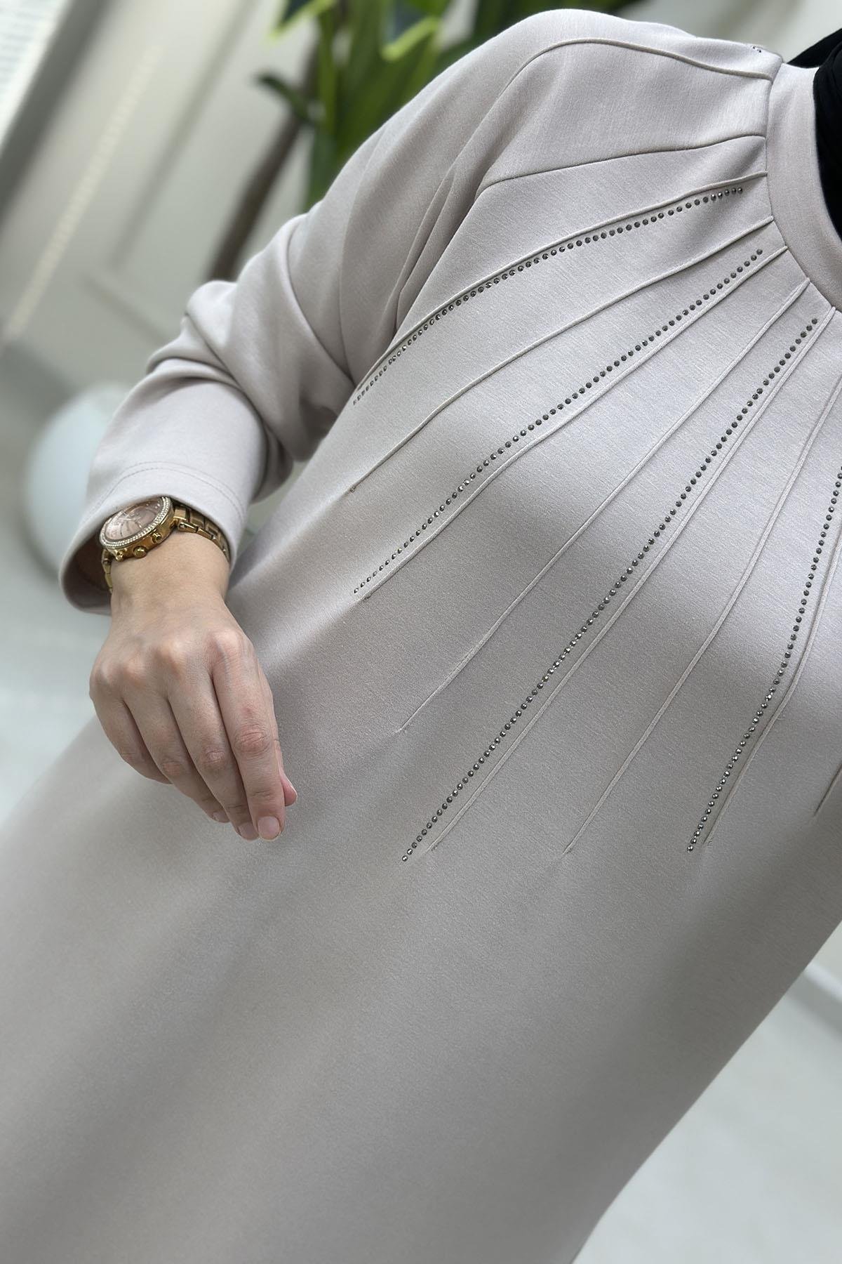 Tesettür Pantolonlu TakımReglan Kol Tunik ve Pantolon Taş Detaylı Kadın İkili Takım Taş VOL 1606